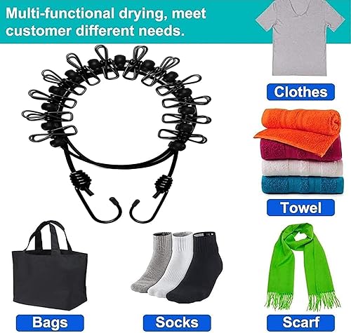 Vista 9 de 1 paquete de tendedero portátil con 12 pinzas para la ropa, tendedero de viaje elástico, retráctil, línea de ropa elástica para patio trasero, hotel