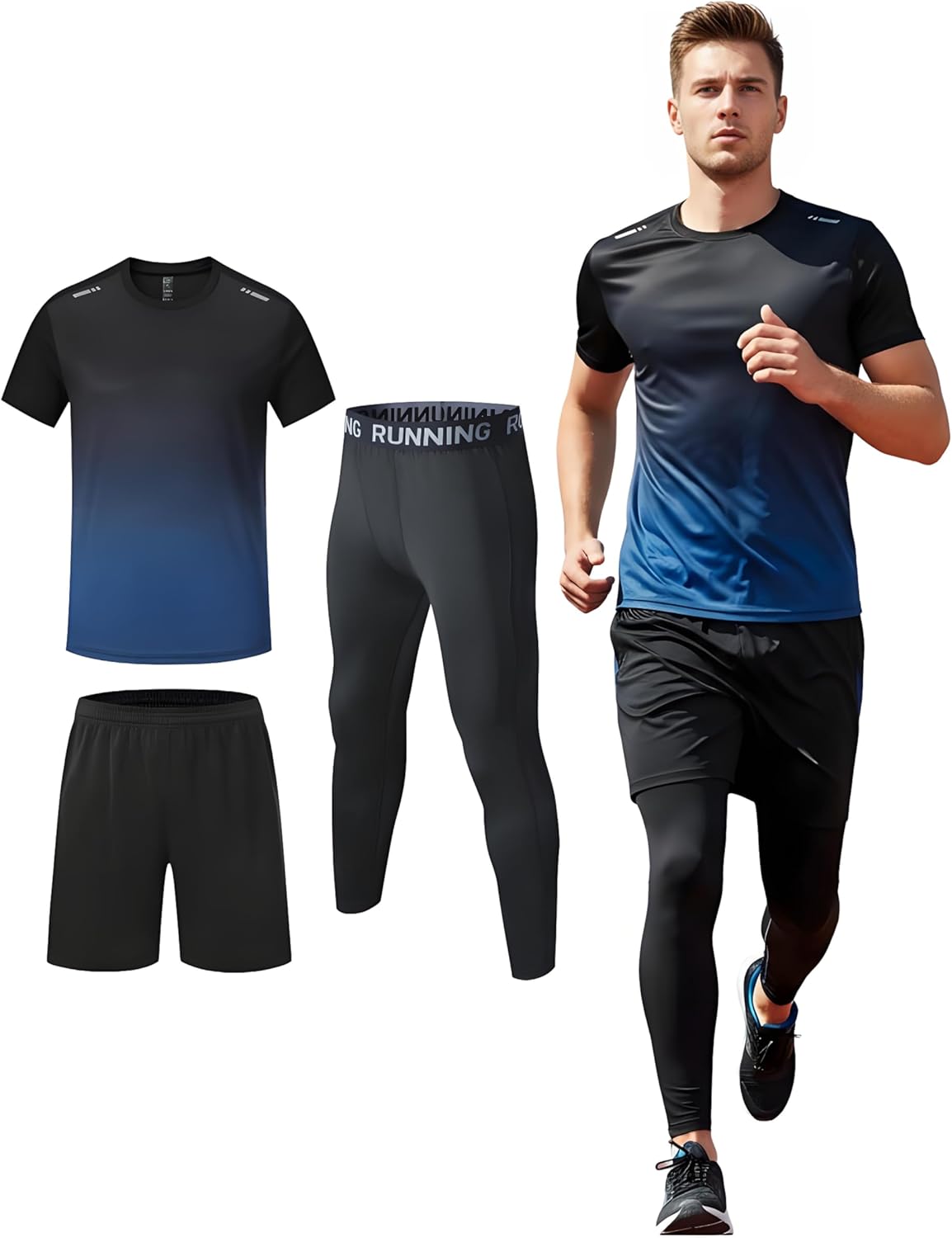 Simbora Men's 3-Piece Workout Set, Quick Dry Athletic T-Shirt Running Shorts Compression Leggings Gym Training Sports Outfit
