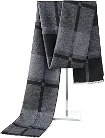 Cachecol longo macio e quente de inverno com borla xadrez para homens macio clássico (preto cinza), Preto, cinza, Large