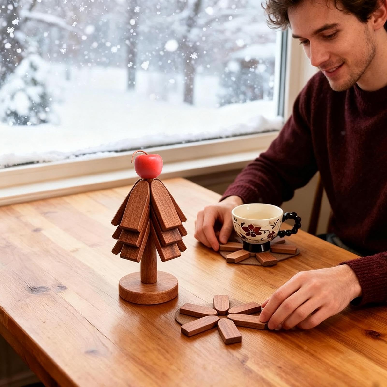 Lot de dessous de verre de Noël en bois, pliables, peu encombrants