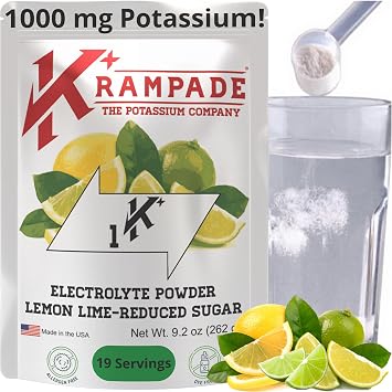 Krampade High Potassium Electrolytes Powder Reduced Sugar Lemon Lime, 2310mg Electrolytes, 1000mg Potassium, Cramp Relief & Prevention, Cellular Hydration, Better Endurance & Recovery, 19 Servings