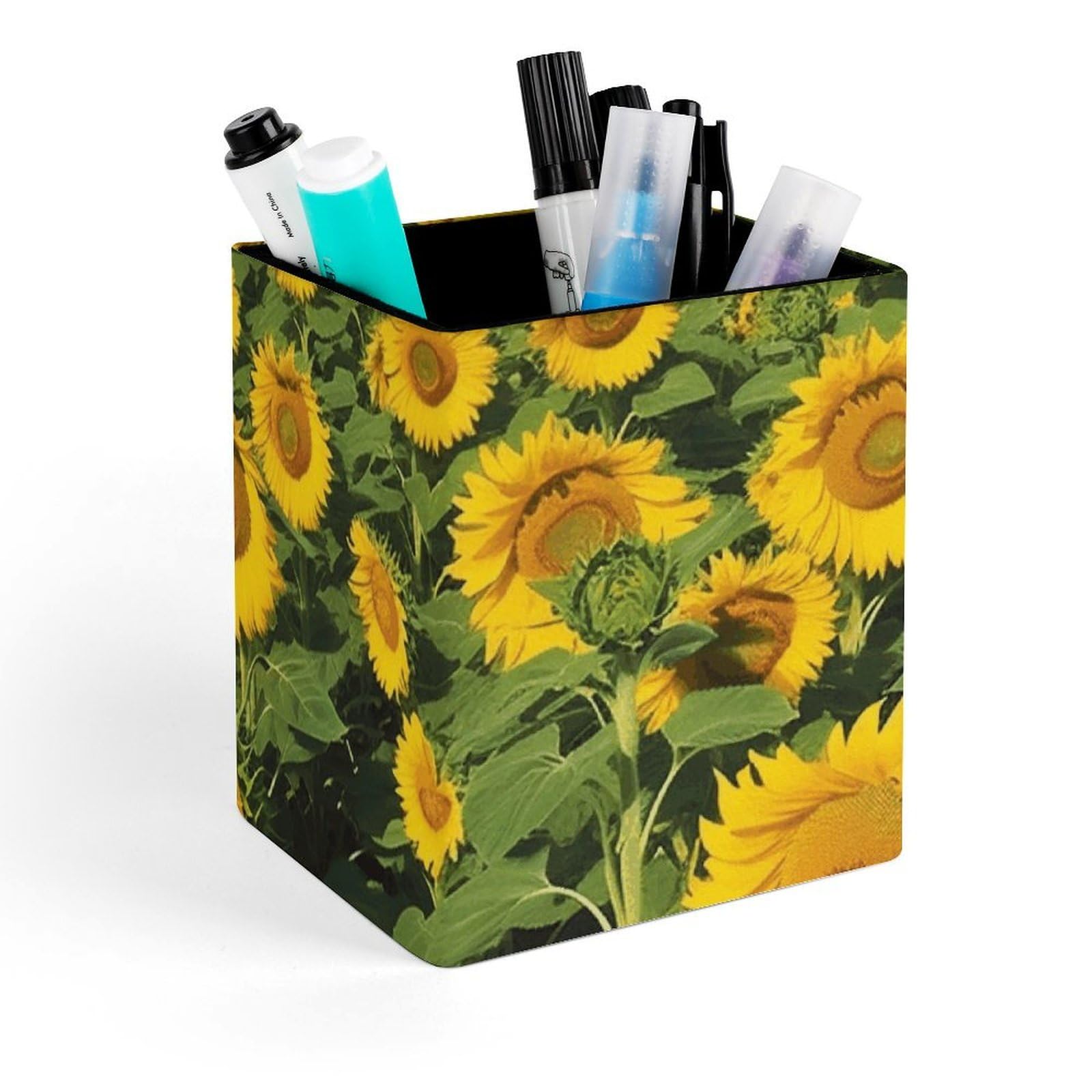 FekiLoot Many Beautiful Sunflowers Pencil Holder Square Leather Pen Holder Cup Modern Multi-Functional Pencil Cup Holder Decorative Desk Organizer Caddy Makeup Brush Holders for Desk Office