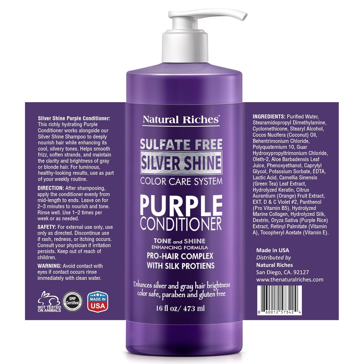 Natural Riches Radiant Silver Shine Purple Shampoo and Conditioner Set for Gray Hair - Paraben-Free and Color Safe – With Silk Proteins, Tones Dull Hair, Softens & Adds Shine - 16 fl oz