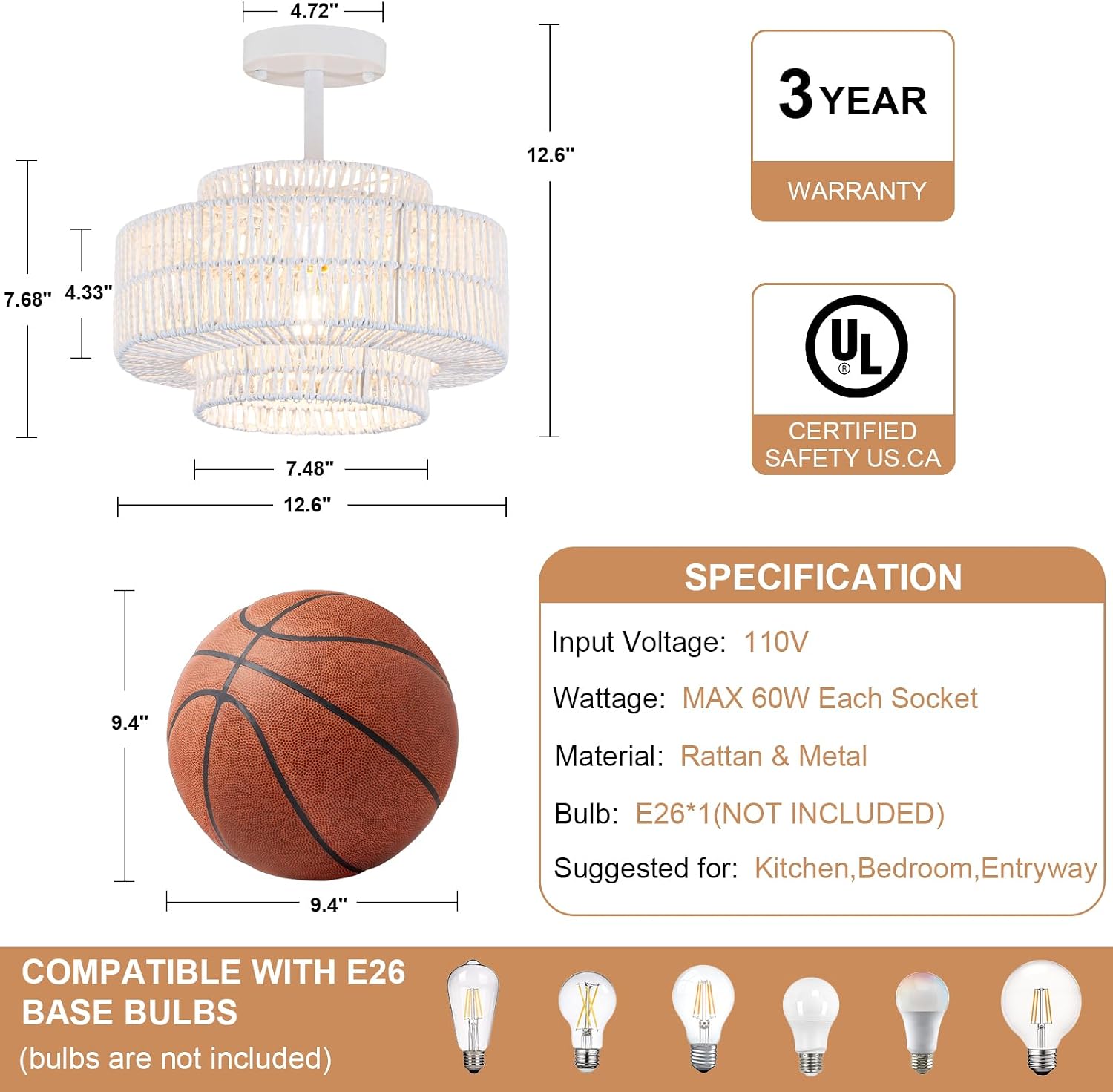 1-Light Rattan Ceiling Light Fixture, 12.4" Boho Semi Flush Mount Ceiling Light with 3-Tier Hand-Woven Drum Shade, Rustic Rattan Chandelier for Dining Room Living Room Bedroom Farmhouse Entryway Foyer