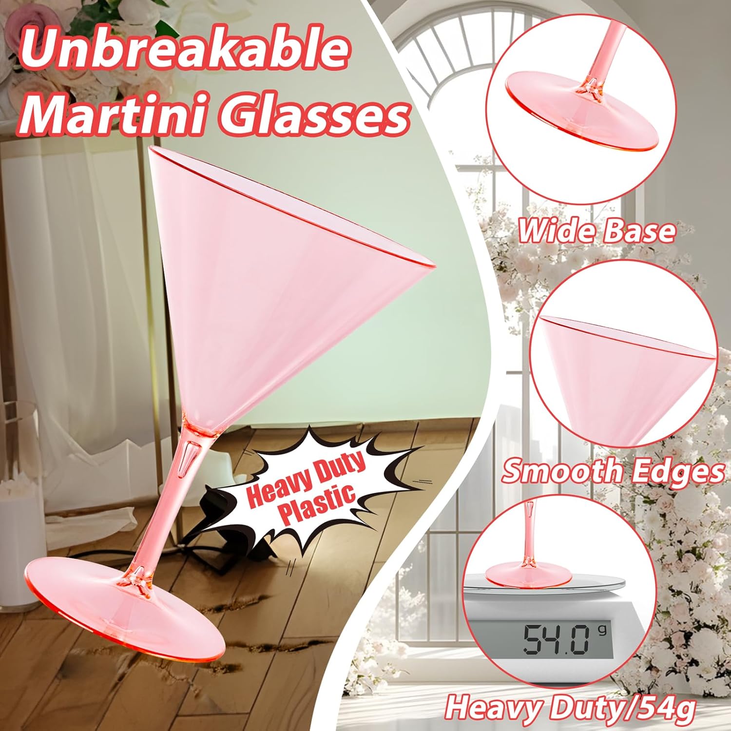 Liacere Martini Glasses Set of 6-11 oz Pink Plastic Martini Cocktail Glasses with Stem-Reusable Cocktail Glasses for Bar,Margarita,Whiskey,Gin,Tequila,BPA-Free, Dishwasher-Safe ＆ Summer Party