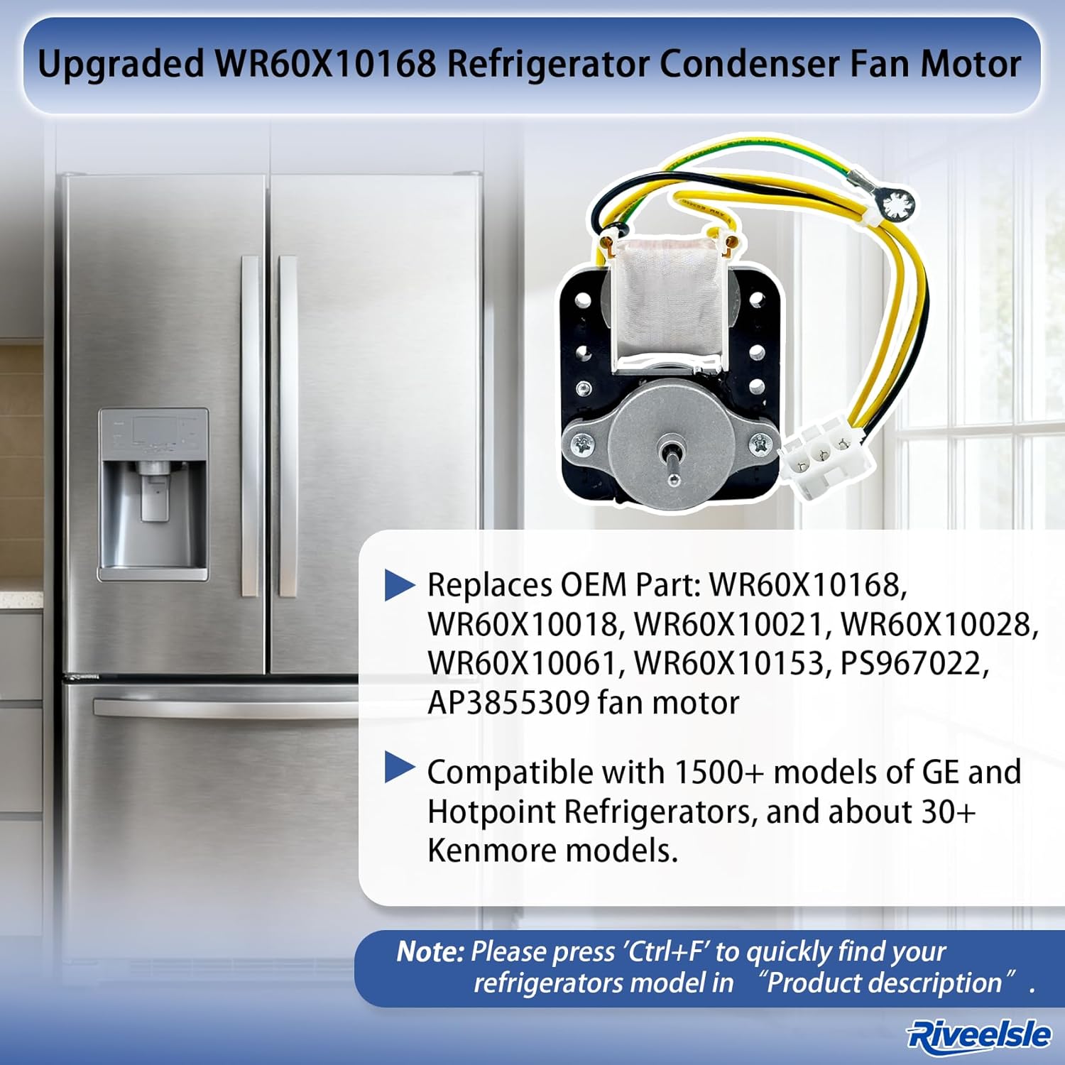 Upgraded WR60X10168 Refrigerator Condenser Fan Motor, for Some GE Hotpoint Kenmore Refrigerators, Replaces WR60X10018 WR60X10021 WR60X10028 WR60X10061 WR60X10153 PS967022 AP3855309
