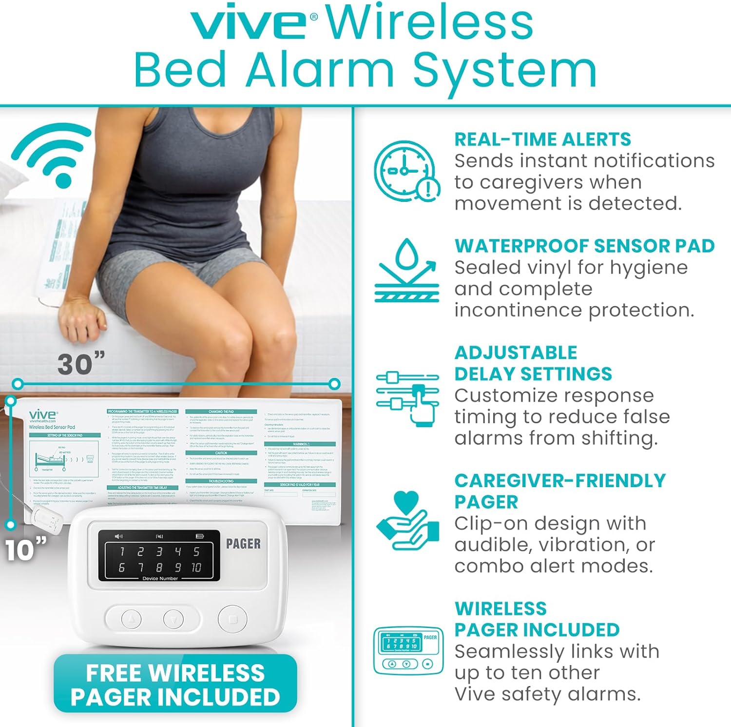 Vive Wireless Bed Alarm - Motion Sensor Kit for Elderly Dementia Patients - Weight Movement Pressure Pad Detector - Automatic Health Alert System for Mat Elderly