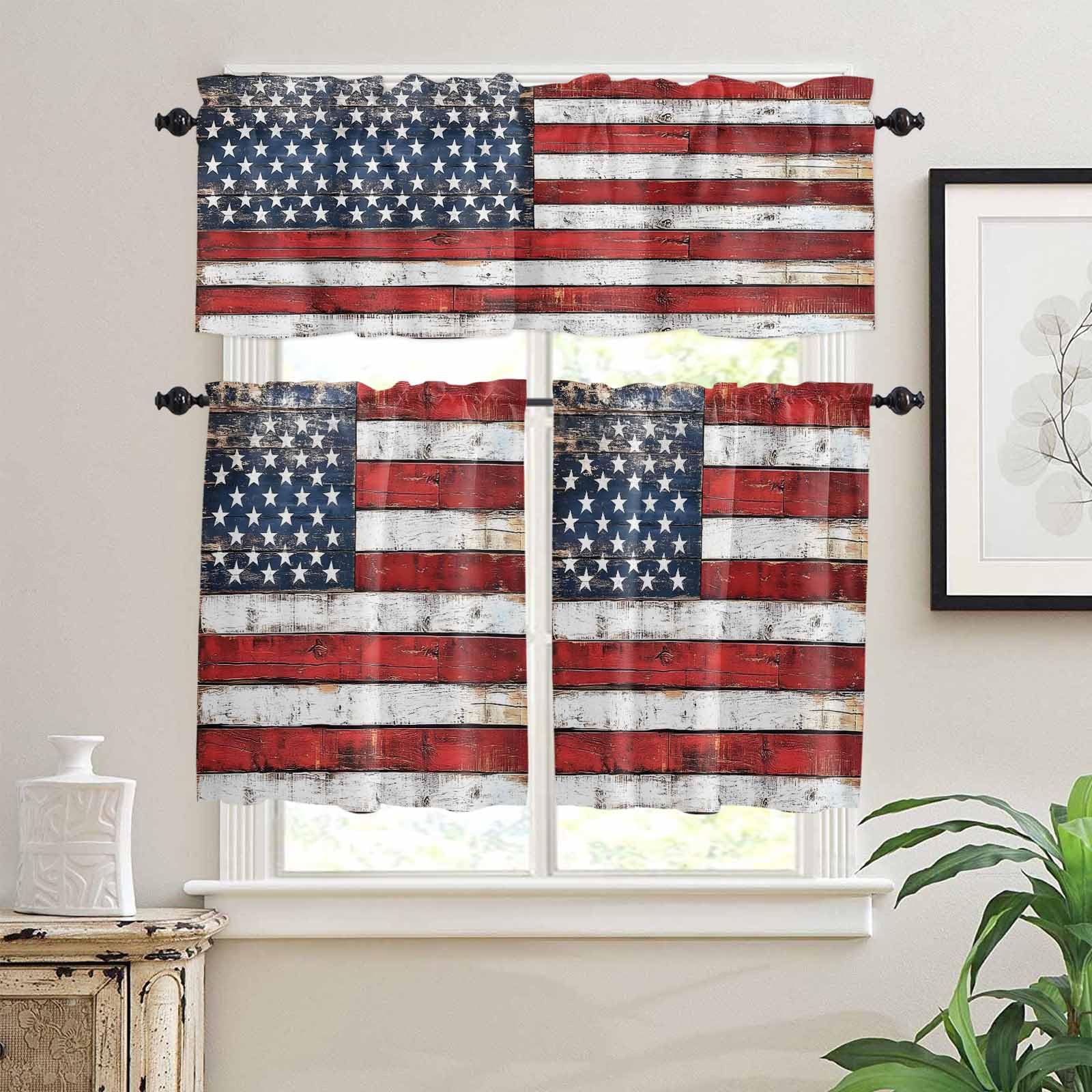 Vintage American Flag Kitchen Curtains 24 Inch Length, 3 Piece Rod Pocket Small Half Tiers and Valance Set, Country Wooden US Flag Small Large Window Treatment Decor for Bedroom/Bathroom Sink