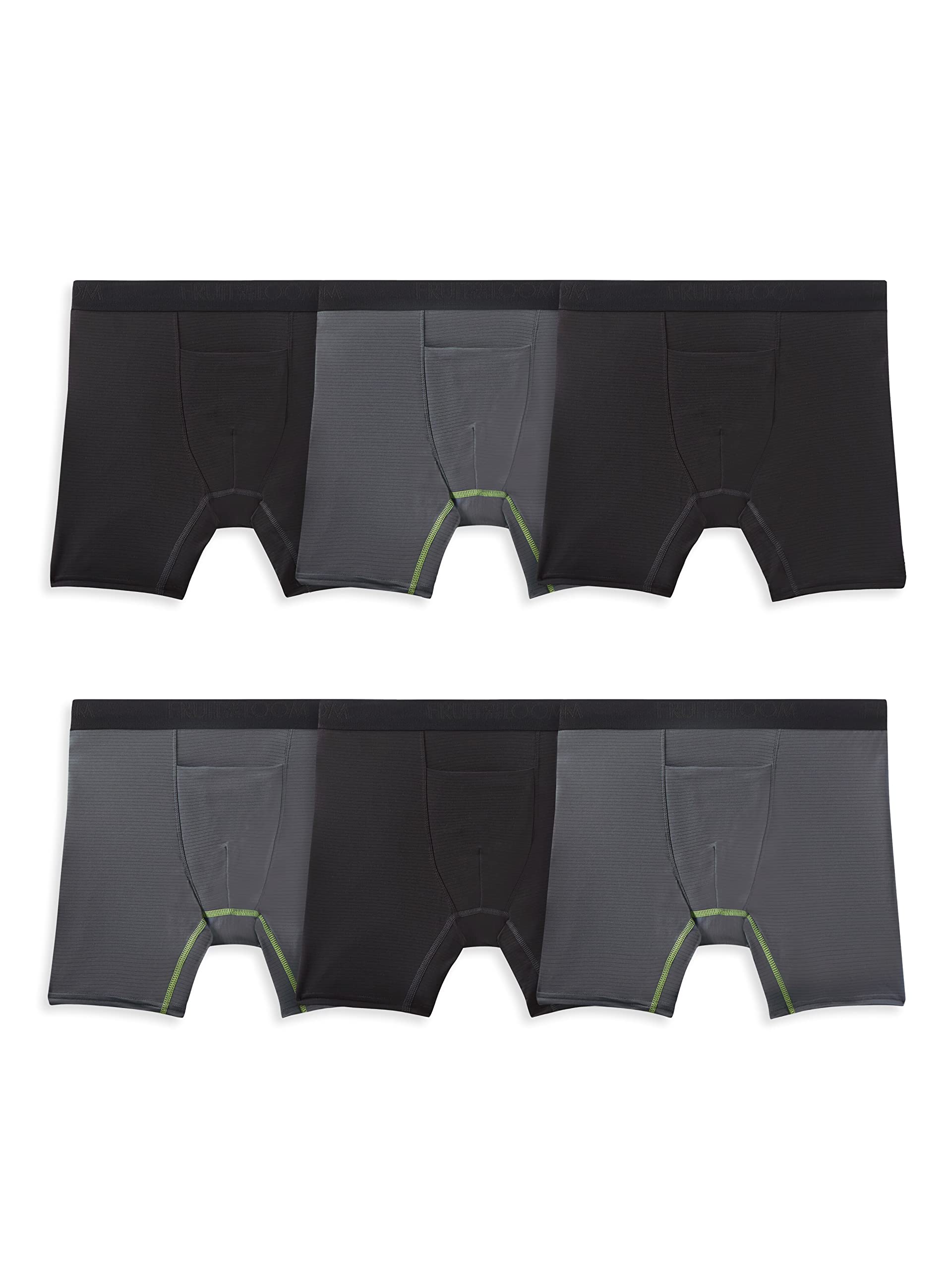 Fruit of the LoomMen's 360 Stretch Boxer Briefs (Quick Dry & Moisture Wicking), Regular Leg - Cooling Channels - 6 Pack Black/Grey, 3XL