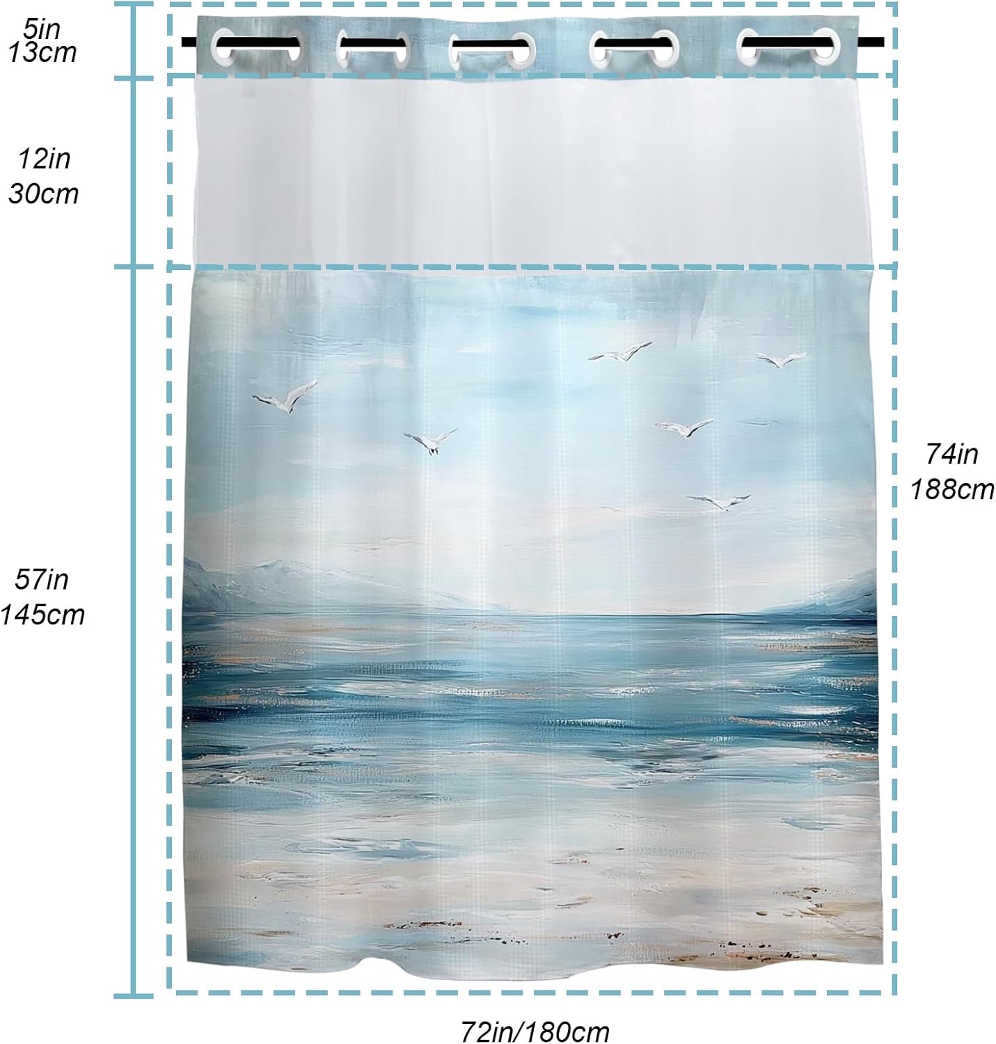 Nature Ocean Shower Curtain for Bathroom, Waterproof Waffle Nautical Seagull Shower Curtain with Snap in Fabric Liner Set, Heavy Duty Bath Curtains Hotel Spa Luxury Polyester 72Wx74H No Hook