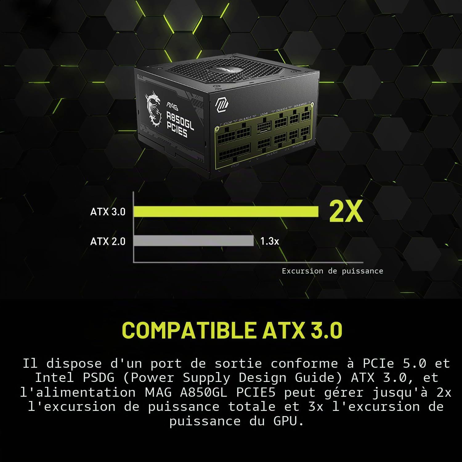 MSI MAG Bloc d'alimentation 850 W 80 Plus Gold - ATX 3.0 PCIe 5.0 Ready - 12VHPWR [MAG A850GL PCIE5]