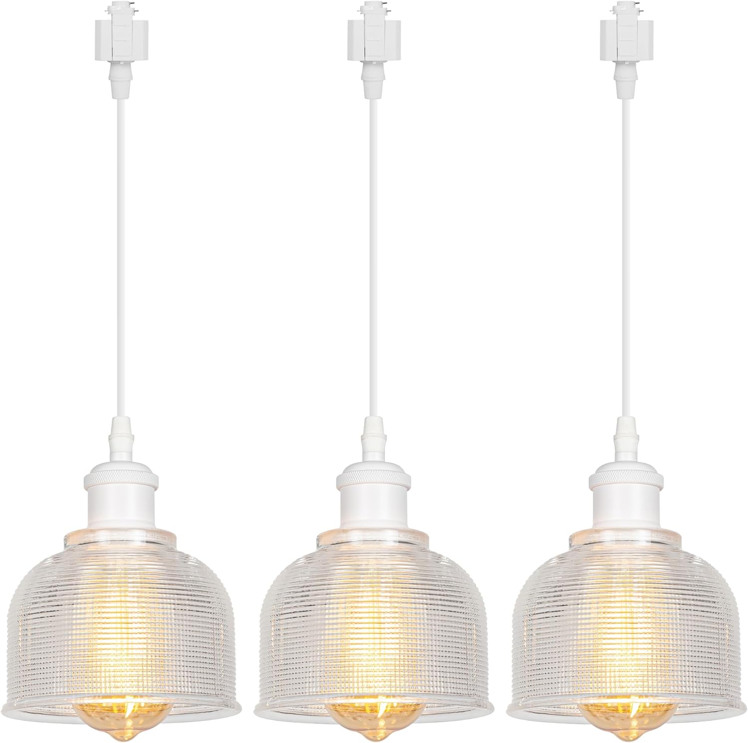Halo Track Lighting Pendants, 3.2 Ft, Dimmable H-Type Track Mount Nordic Industrial White E26 Socket Striped Clear Dome Shape Glass Shade for Kitchen Island