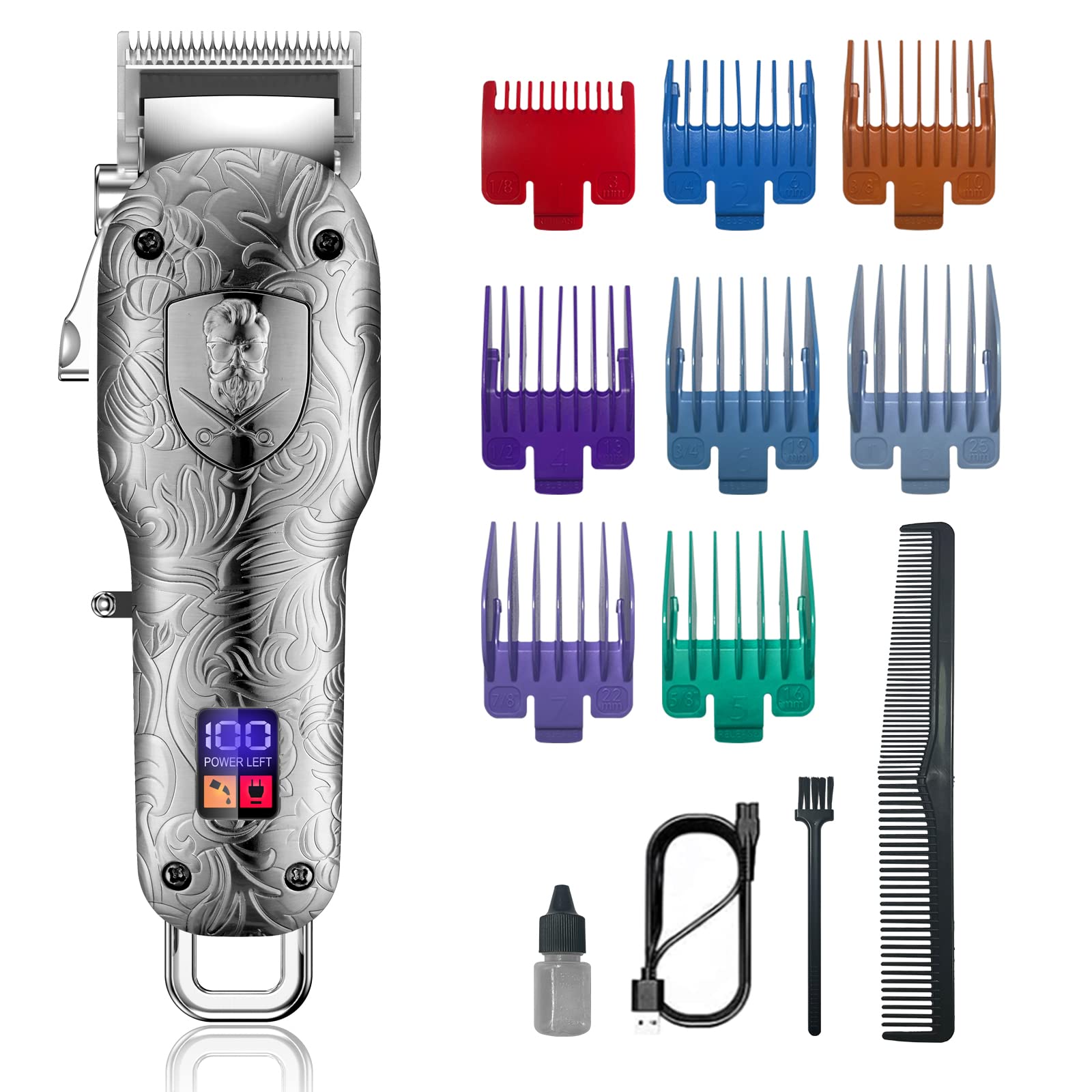 Hair Clippers Set, Cosicosy Electric Hair Trimmer Grooming Kit for Men, Professional Cordless Hair Cutting Beard Trimmer Rechargeable with LCD Display Hair Shaver for Men with 8 Combs, Silver