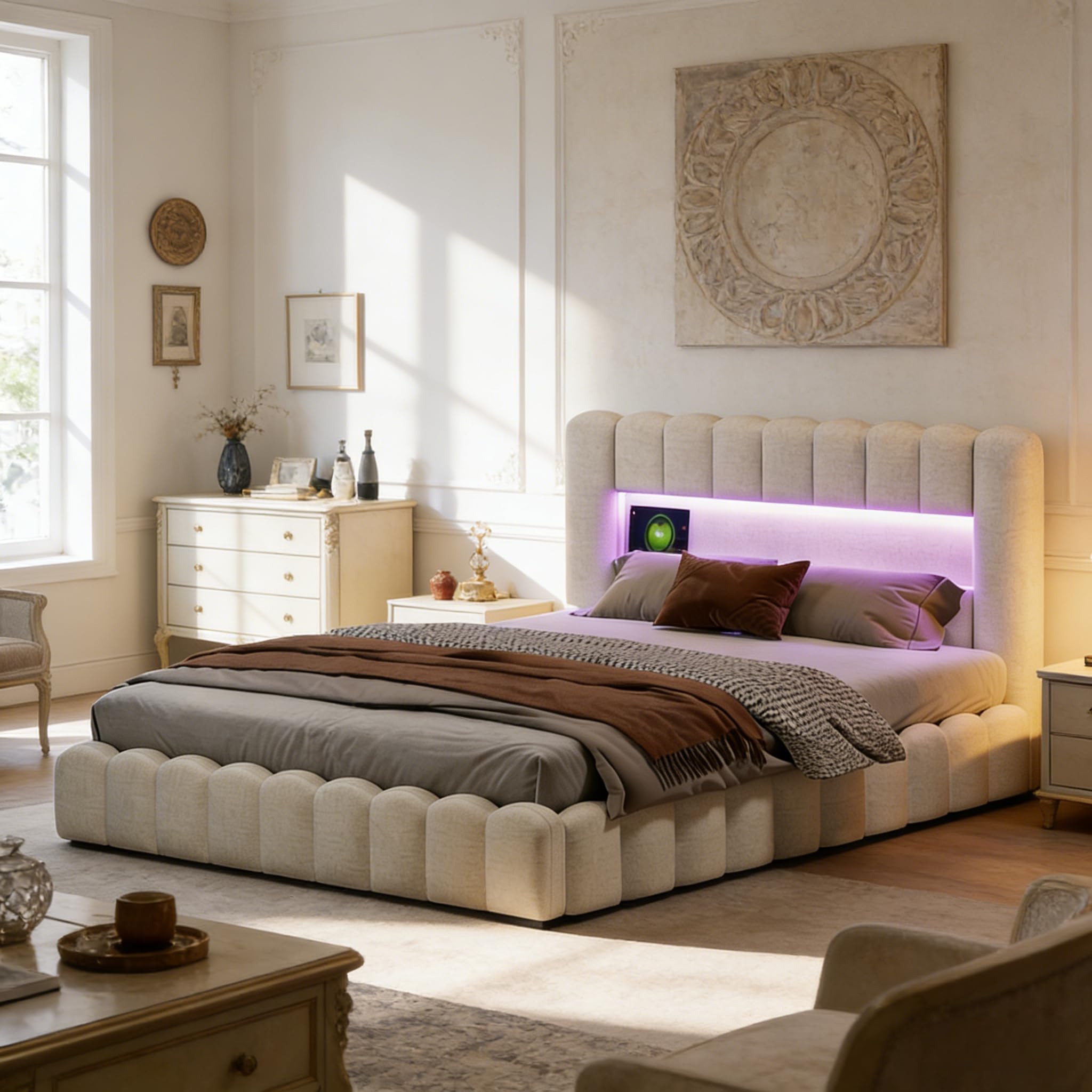 Cama Canapé Abatible 180x200cm con Almacenaje Hidráulico, Cama Matrimonio Tapizada con LED, USB y Tipo C, Cabecero Acolchado con Estante, Somier de Láminas Incluido, Lino Beige, Sin colchón
