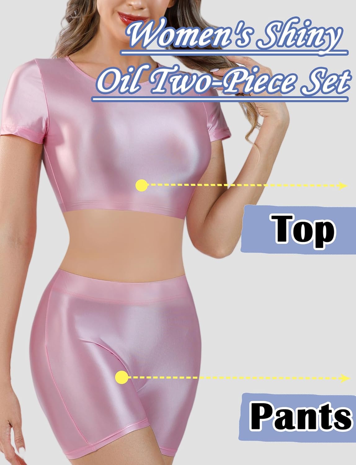 FEOYA Women’s Shiny 2 Piece Outfits Sheer Glossy Crop Top and Shorts Metallic Set for Club Rave Party
