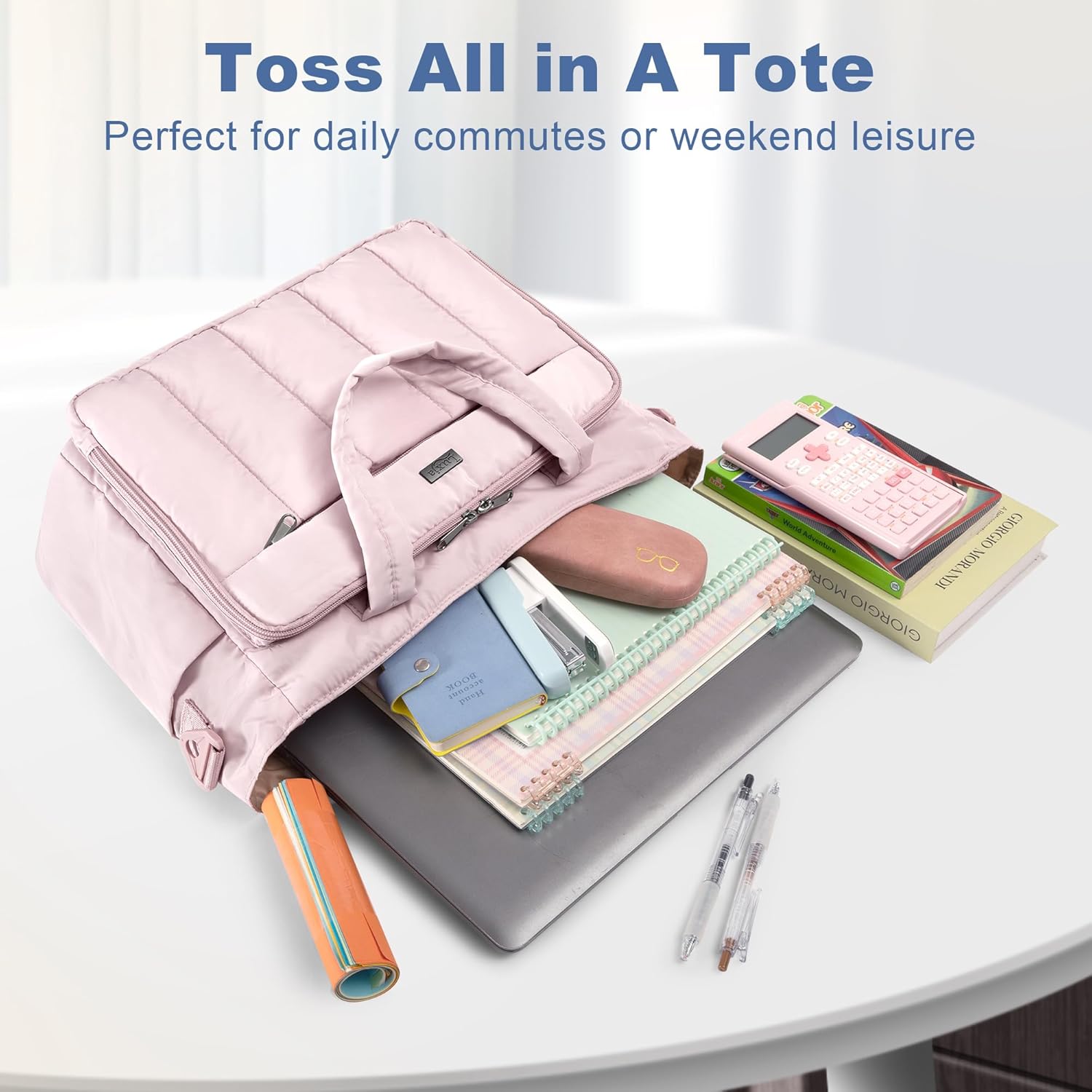 LUXJA Puffer Tote Bag for Women, Lightweight Puffy Tote Bag with Accordion File Pocket and Laptop Sleeve for School and Work - Image 6