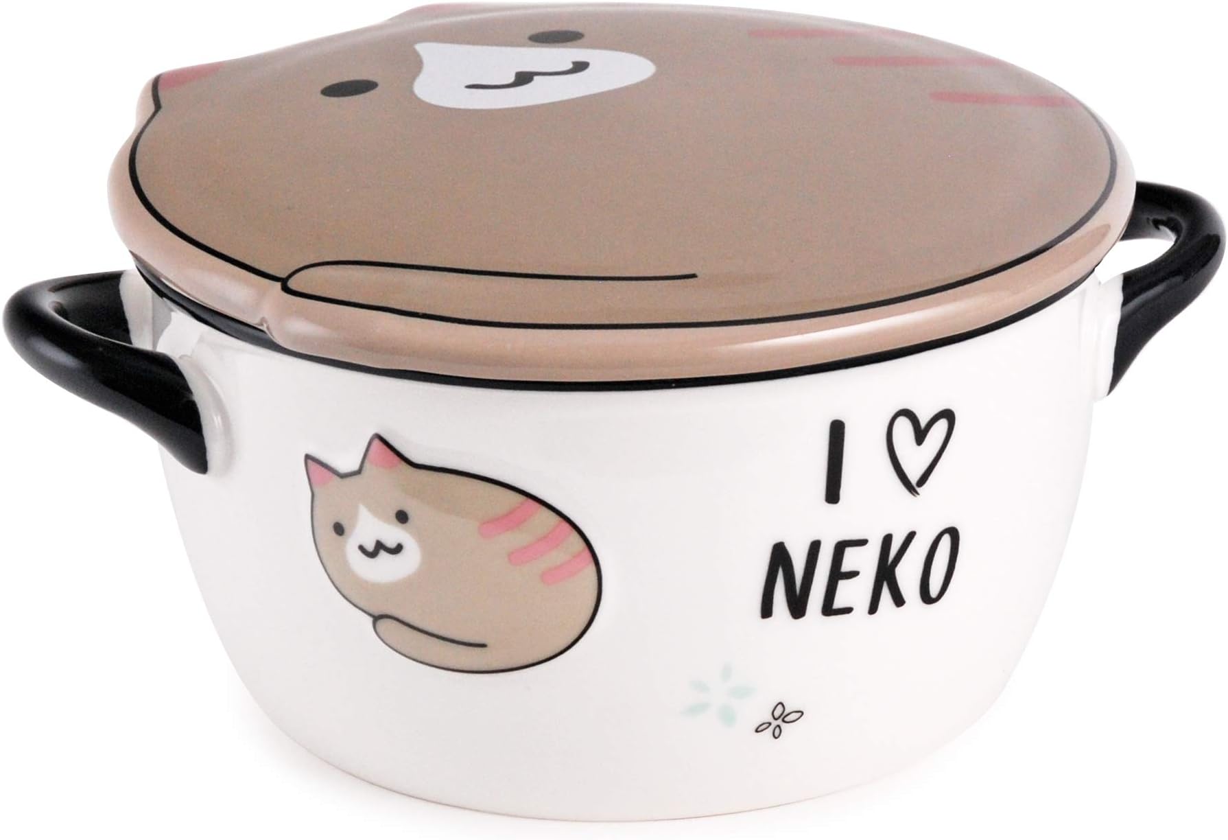Hinomaru Collection Cute Neko Kitten Cats 24 fl oz Microwavable Porcelain Noodle Soup Bowl with Handles and Porcelain Condiment Lid 5.75" Dia (Brown)