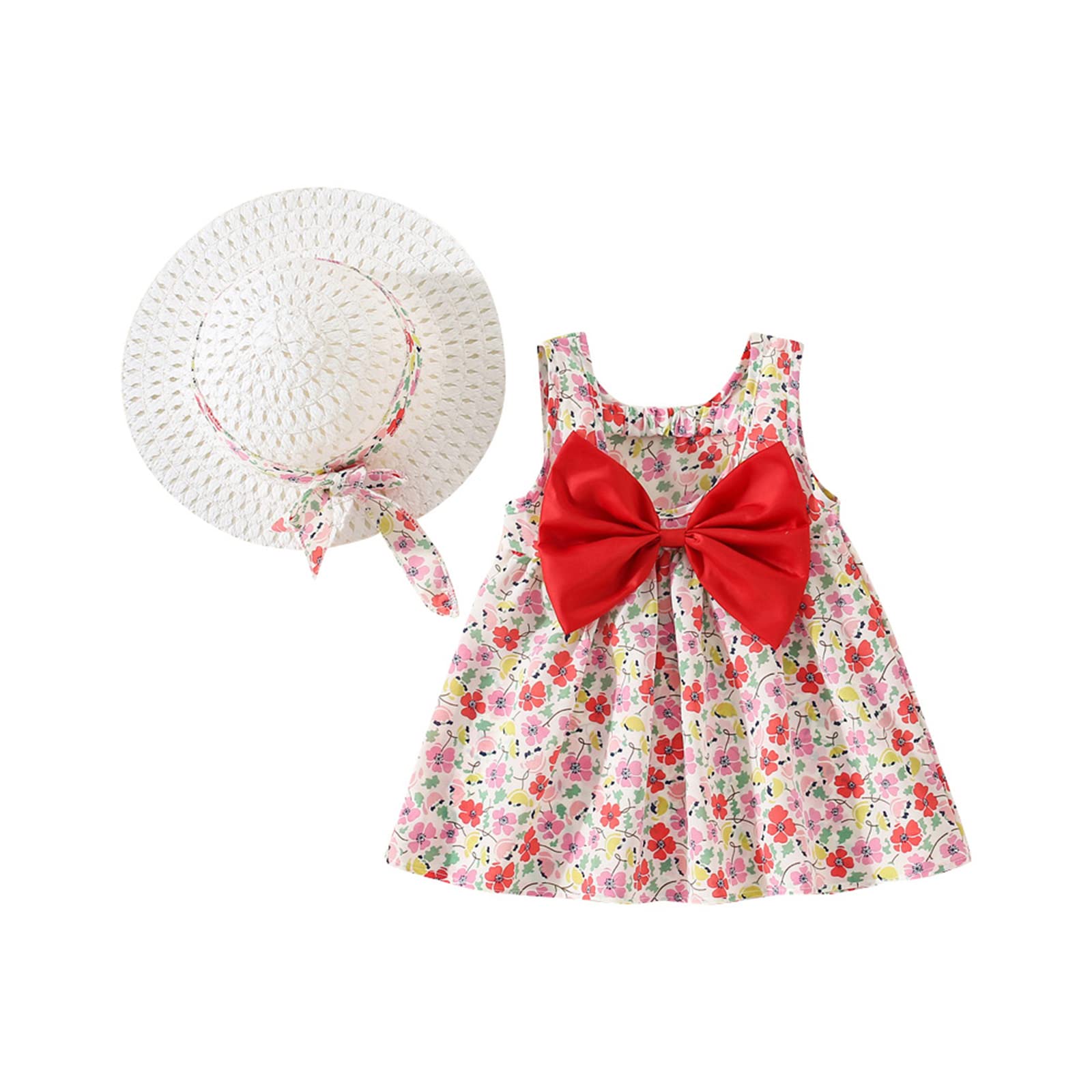 Loalirando Bebé Vestido Verano sin Manga Vestido de Tirantes con Bowknot para Niña Recién Nacida 2 Piezas Traje Informal Vestido Floral + Sombrero para Vacaciones Playa