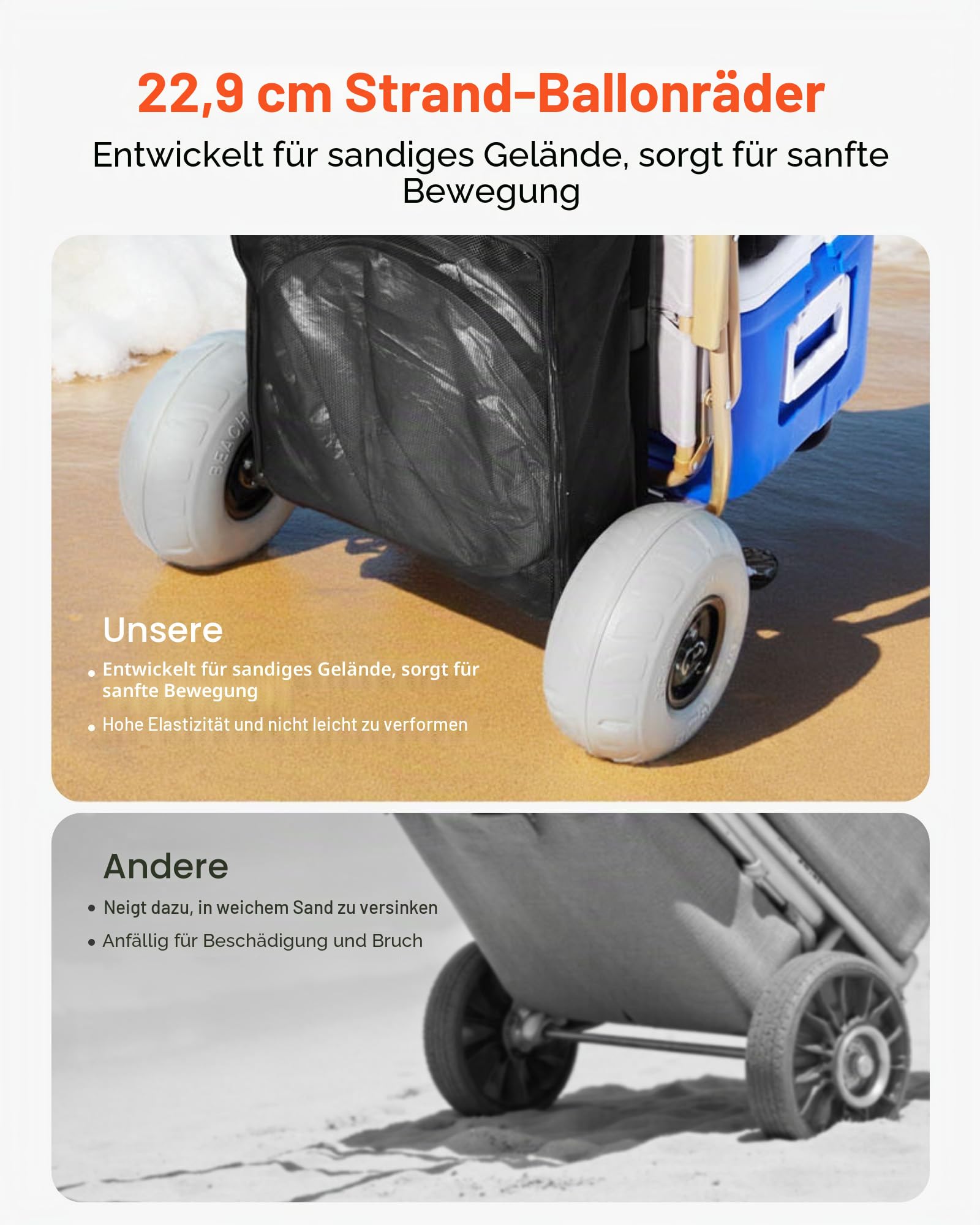 VEVOR Strandwagen Bollerwagen Transportkarre Transportwagen 13 Zoll(33 cm) Strandkarre faltbar 75 kg Tragfähigkeit mit 14 x 14,7 Zoll Ladefläche / 2 TPU-Räder/Handpumpe, Camping Garten Strand