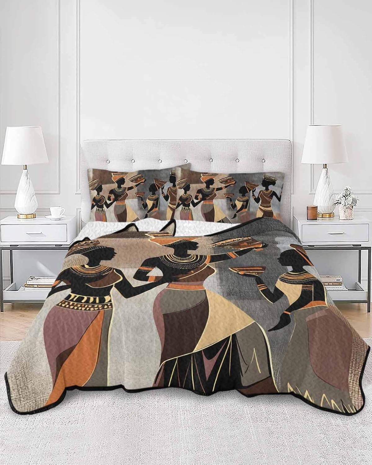 Fall Quilts Twin XL Size, Lightweight Quilted Coverlet Black Brown Girls Boho Comforter Set for Bed, All Season Bedspreads Grey Vintage Ethnic Abstract Art Quilt Bedding with 2 Pillowcases 68x98 Inch
