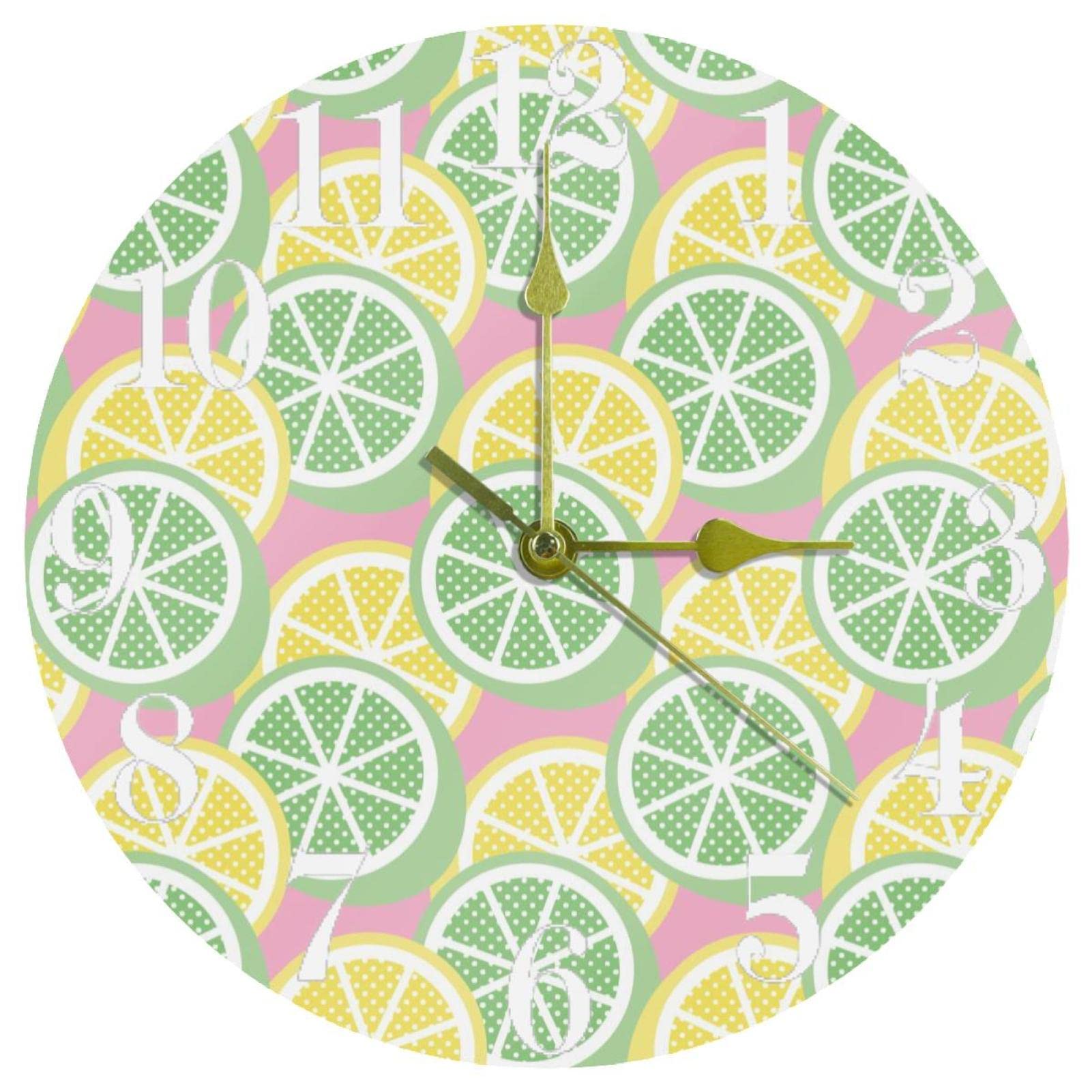 Horloge murale ronde fonctionne à piles motif fruit jaune et rose pour maison et école