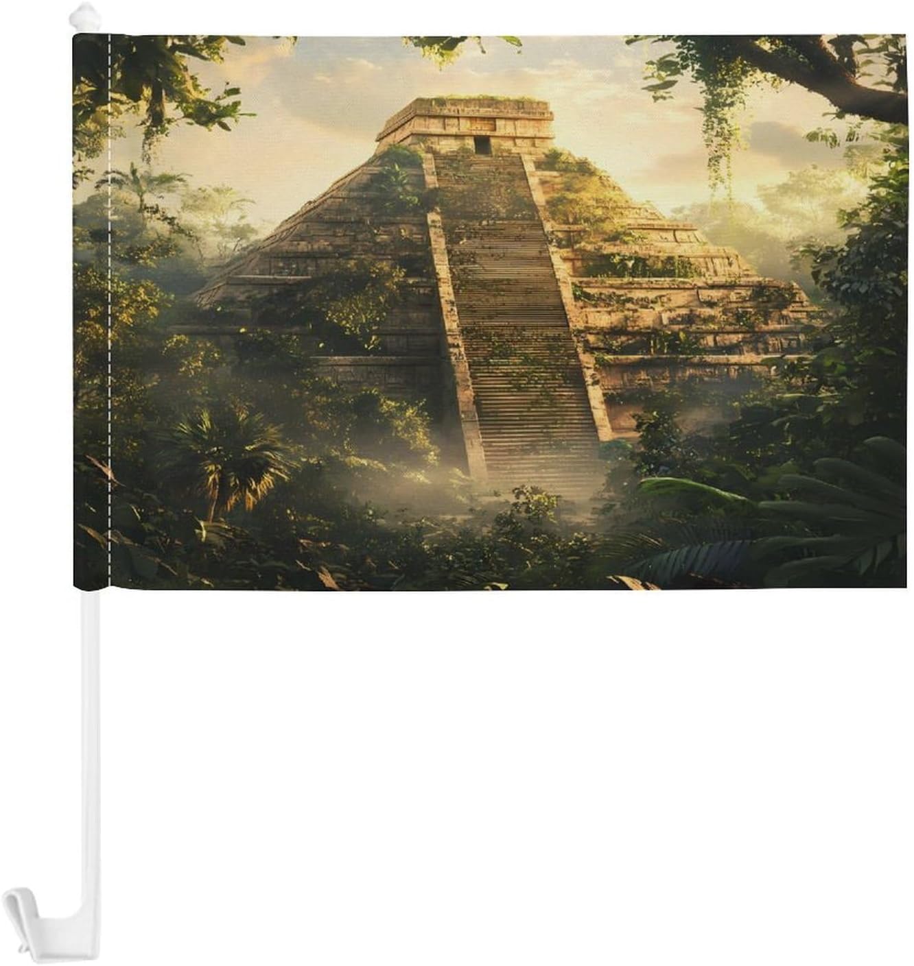Mayan Pyramid Car Flag Polyester Clip Flags Mini Handheld Banners for Auto Outside Travel Decor