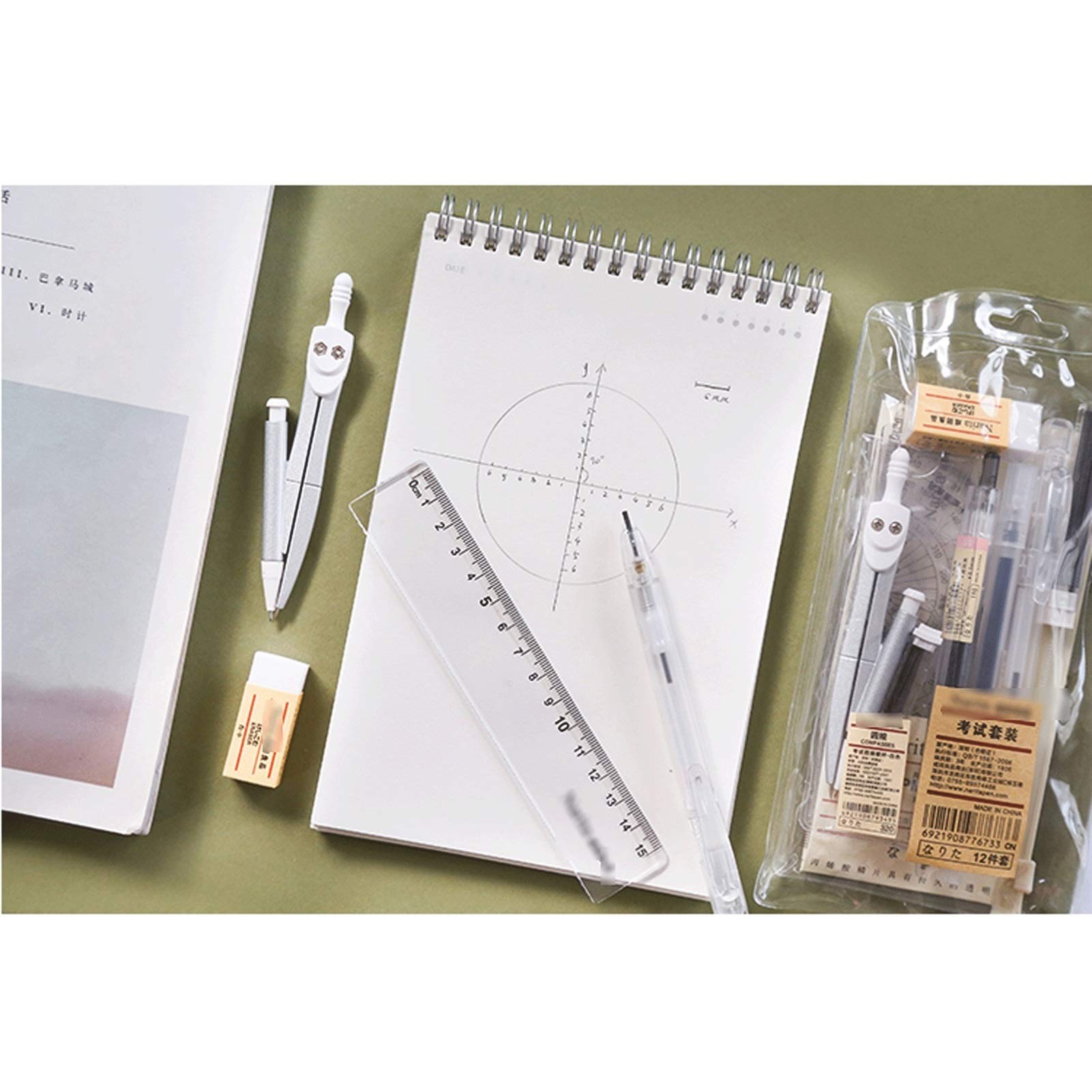 Set di Calibri Circolari da 10 Pezzi, Set di Compasso per La Scuola di Geometria, con Goniometro, Righello, Matita per Matematica, Geometria, Miglior Regalo, Set di Calibri Circolari