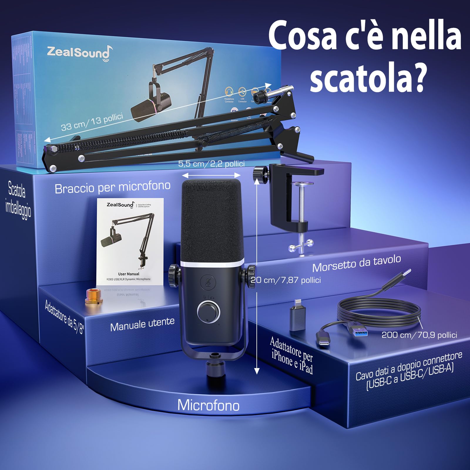 ZealSound Microfono dinamico XLR/USB, microfono per *Phone, Set di microfoni per Telefono PC, microfono con luce RGB, mute, jack per cuffie, supporto con braccio, ASMR/YouTube/Podcast/Streaming/Gaming