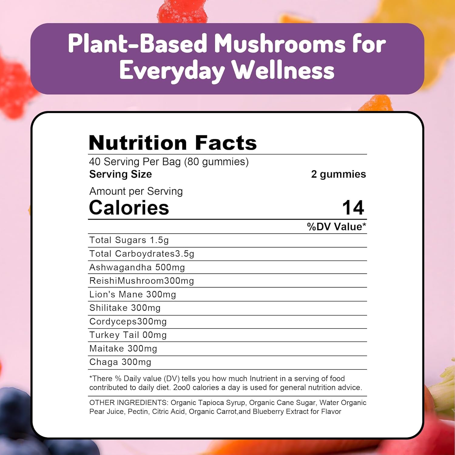 1000mg Ashwagandha & Mushroom Gummies, with 8-Mushroom Blend (Reishi, Lion's Mane, Cordyceps). Supports Focus, Energy and Cognitive Boost,for Adults, 160 Count.