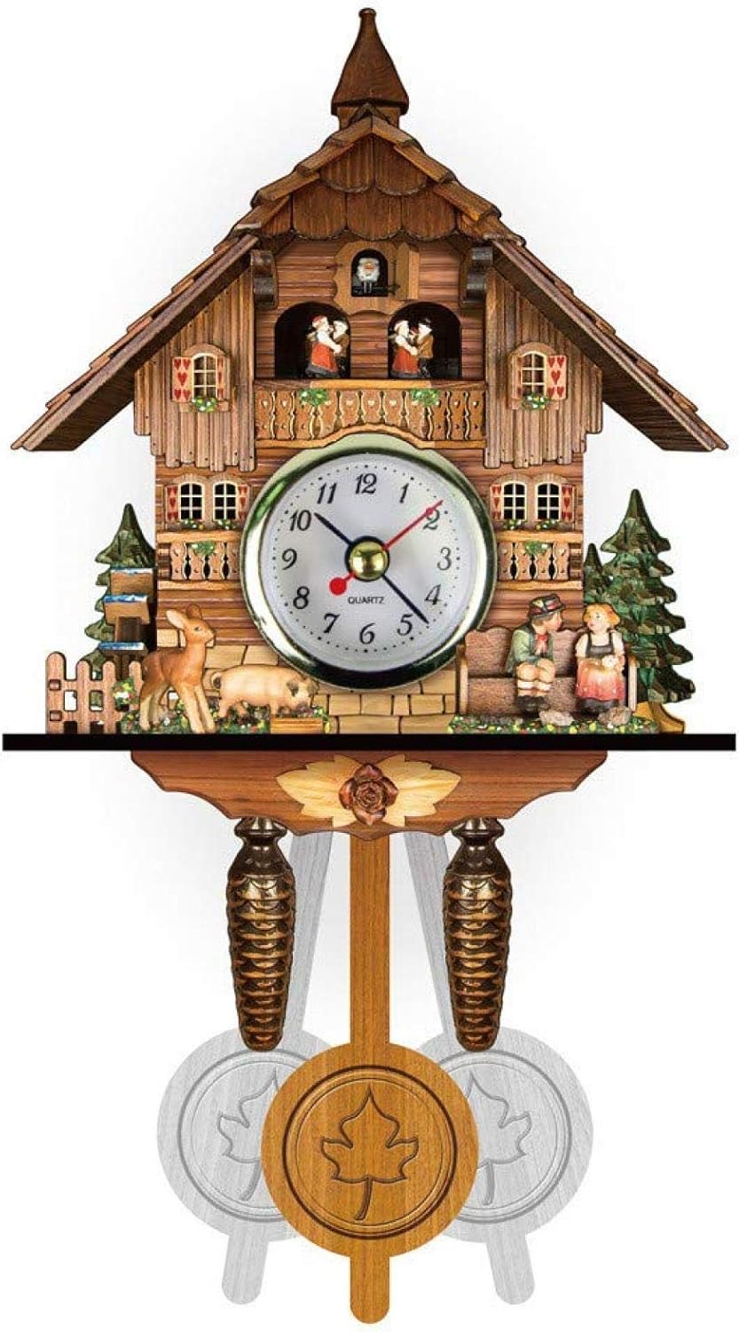 Wooden Cuckoo Clock, Quartz Clock, Traditional Chalet Black Forest House Clock Handcrafted Wooden Wall Pendulum Multi Scenario Application (N) (J)