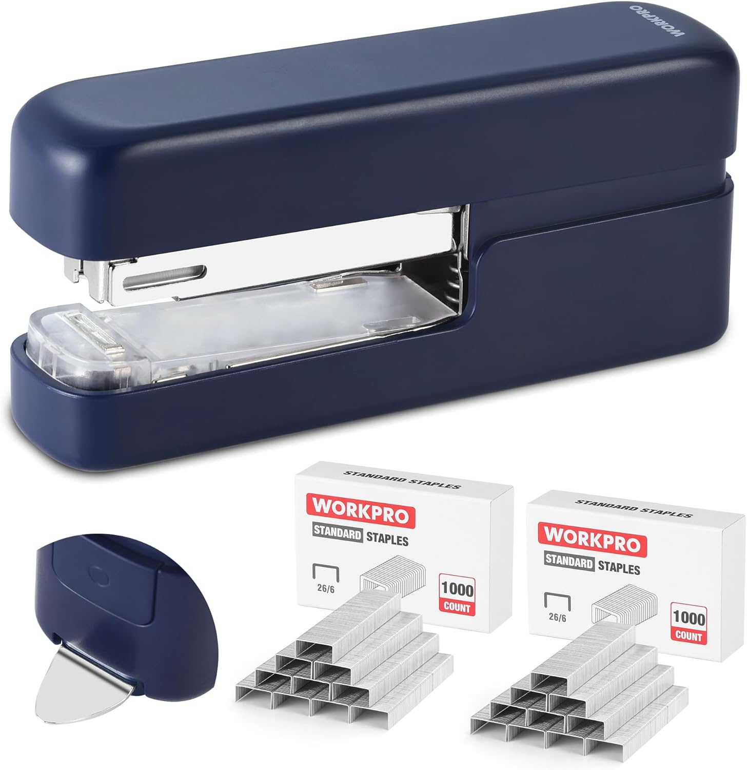 WORKPRO 2-in-1 Flat Clinch Stapler, 40-Sheet Capacity, Built-in Remover & Storage, 2000 Staples Included - Non-Slip Office Stapler, Dark Blue