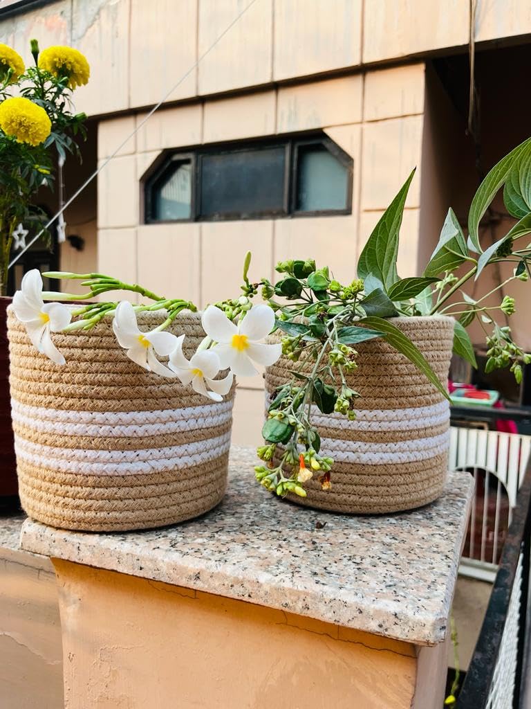 Jute & Cotton Planter Basket/Pot Bag, Plant Sack for Home Decor (Set of 2, Beige-White, 8 inch) - Basket for Storage, Kitchen, Clothes, Laundry, Living Room, Picnic, Hamper Bin (B0CNPW2TWK) Amazon Price History, Amazon Price Tracker