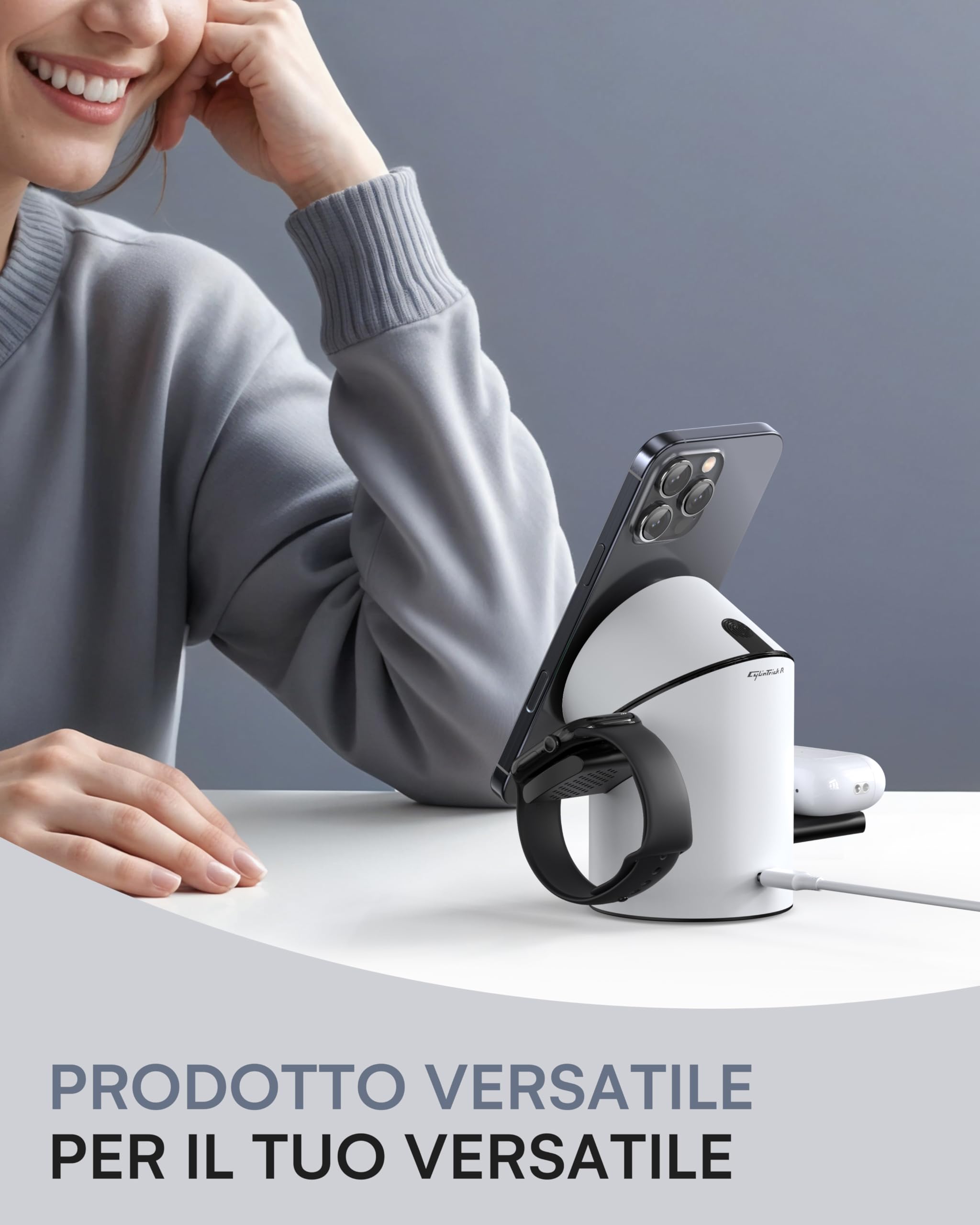 ZEEHOO Stazione di ricarica wireless CilindTrick-R Qi2 15 W ricarica rapida, stazione di ricarica 3 in 1 per Apple Watch, iPhone, Bianco (adattatore caricabatterie da 30 W incluso)