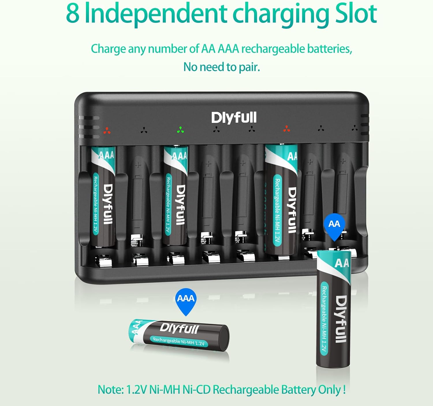 Close-up of a Dlyfull 2800mAh AA Ni-MH rechargeable battery.