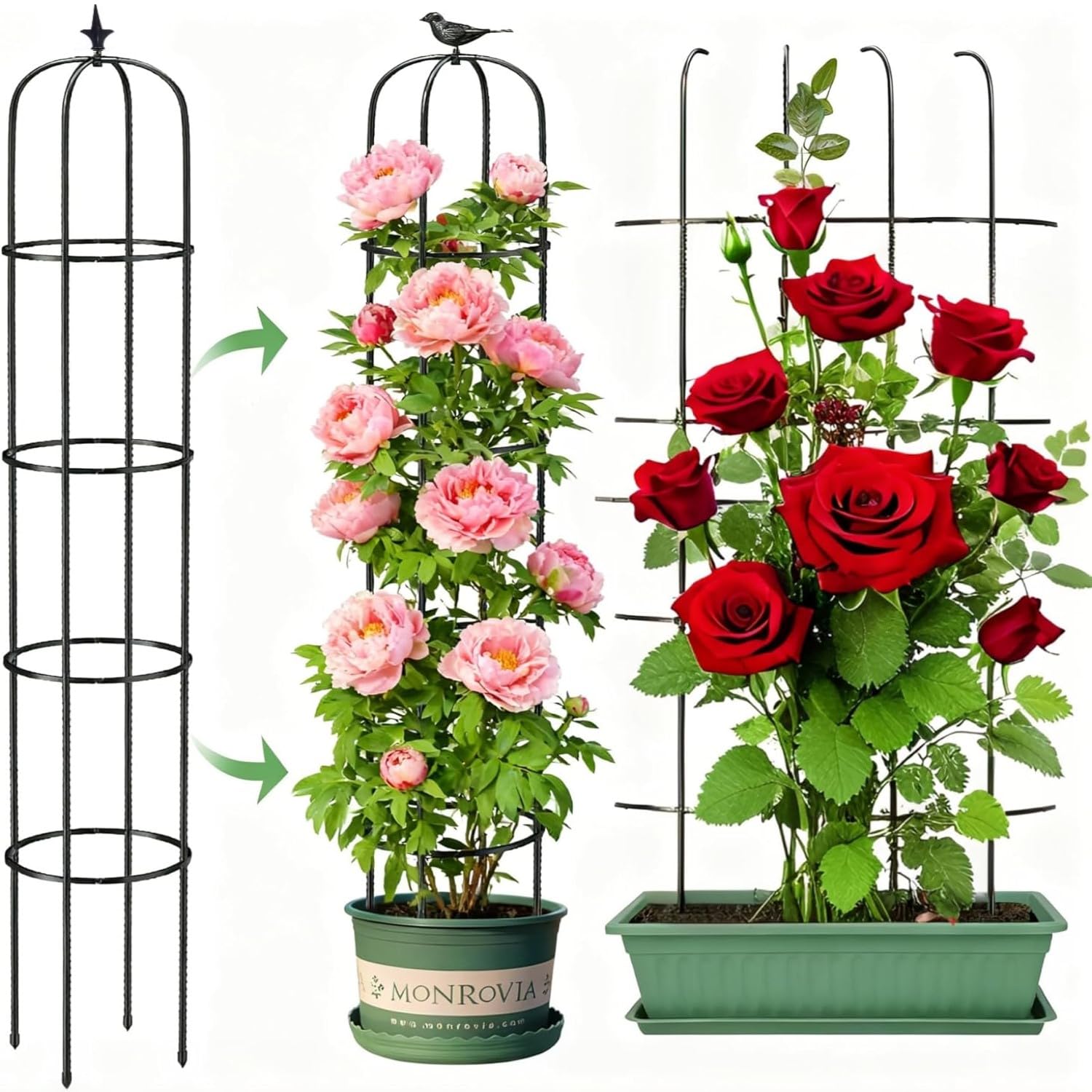 LATERN 1Pcs Garden Obelisk Trellis for Climbing Plants, 180CM Tall Rustproof Coated Metal Plant Support Plant Climbing Trelli Frame for Pots Plant Rose Tomato Cucumber Flowers Grape Pea-image-3