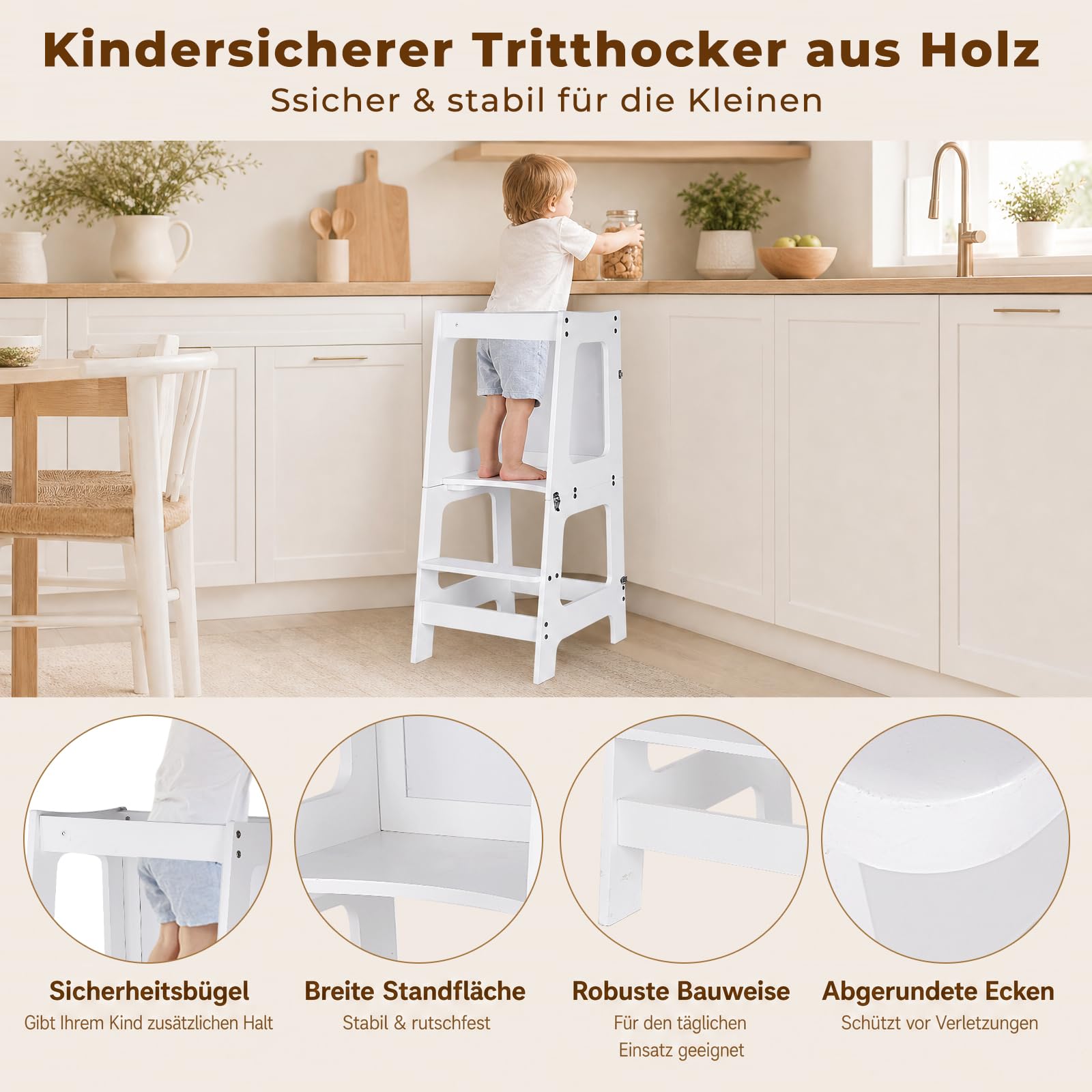 Lernturm ab 1 Jahr, Klappbarer Learning Tower mit Tafel & Stifte-Set | 3 in 1 Learning Tower für Kinder, 50kg Belastbar Trittschemel, Multifunktion Montessori Entdeckerturm für Küche & Bad