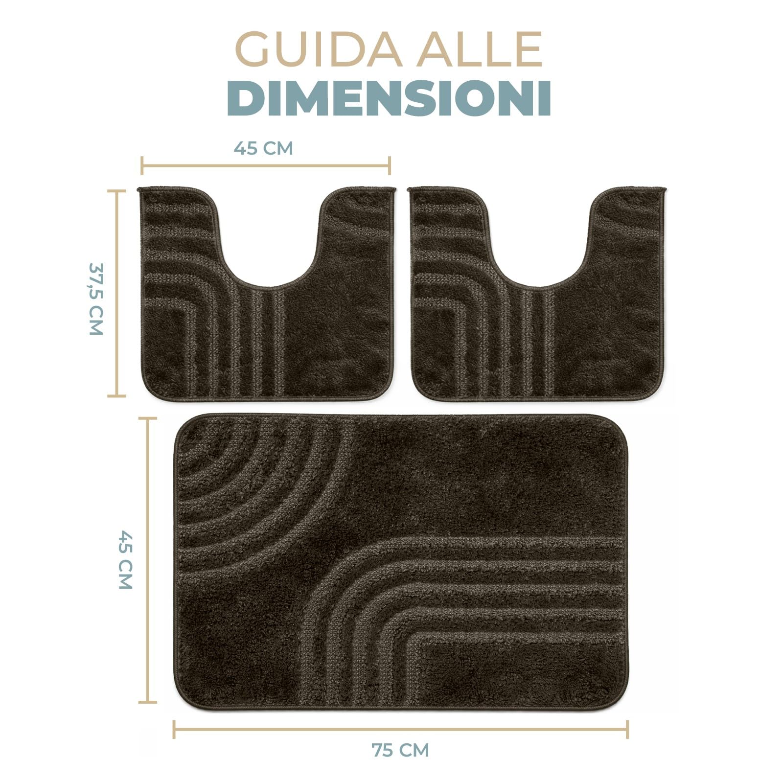 PARAMAISON Set Tappeti Bagno 3 Pezzi Antiscivolo in Polipropilene, 2 Tappeti WC 37,5x45 + 1 Tappetino 45x75 cm, Morbidi e Resistenti, Facili da Pulire, Made in Italy | Marrone