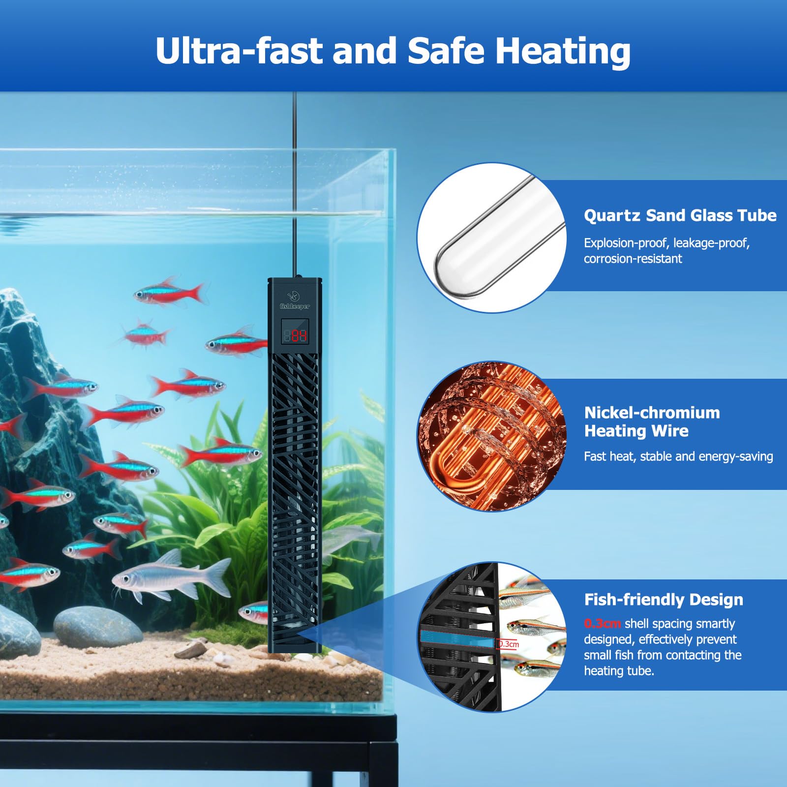 fishkeeper Chauffage d'aquarium submersible réglable de 25 W/50 W/100 W/200 W/300 W pour aquarium d'eau salée et d'eau douce avec affichage numérique LED et protection contre la surchauffe