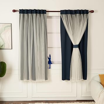 INLINAS Blackout Curtains with Sheer Overlay, Navy Blue, 52x63 Inches