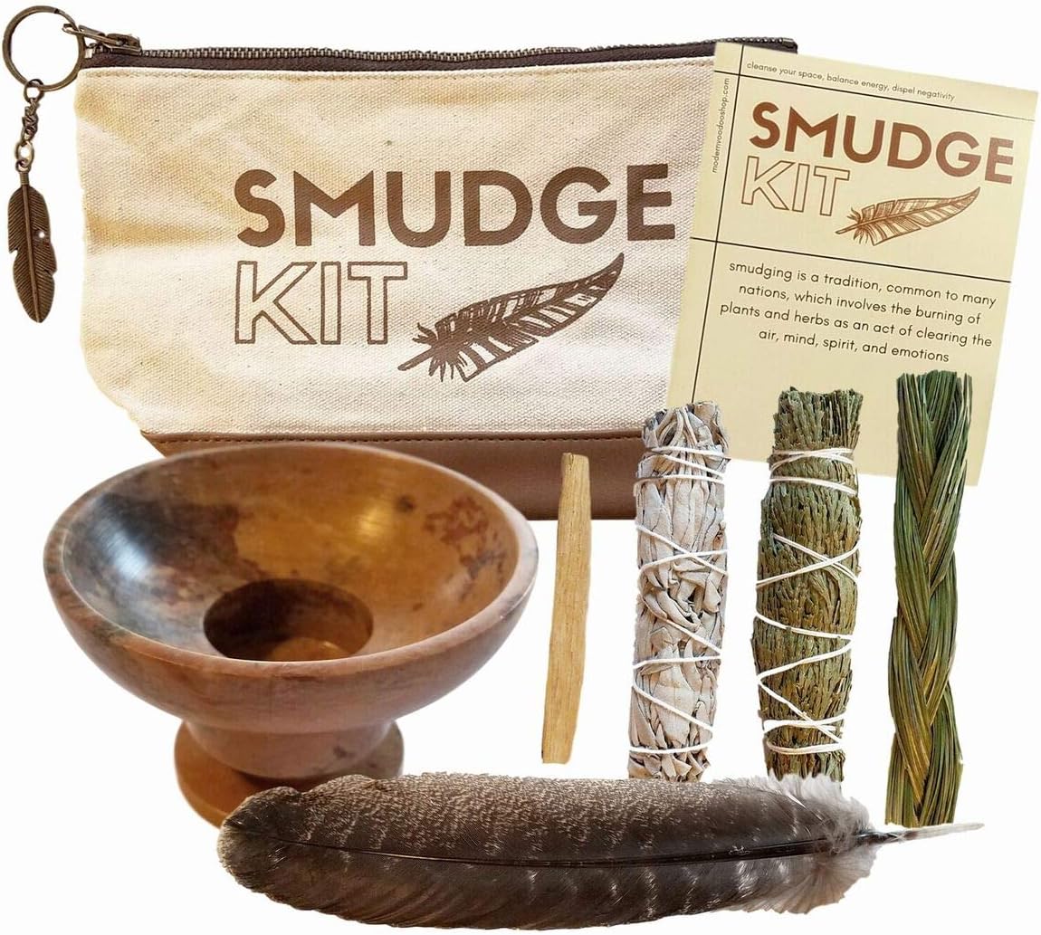 Smudging Kit | Travel Gift Set | for Beginners, Space Clearing, House Blessing | Palo Santo Stick, Cedar, White Sage Smudge Stick, Sweetgrass, Smudging Turkey Feather, Soapstone Smudge Bowl | Variety
