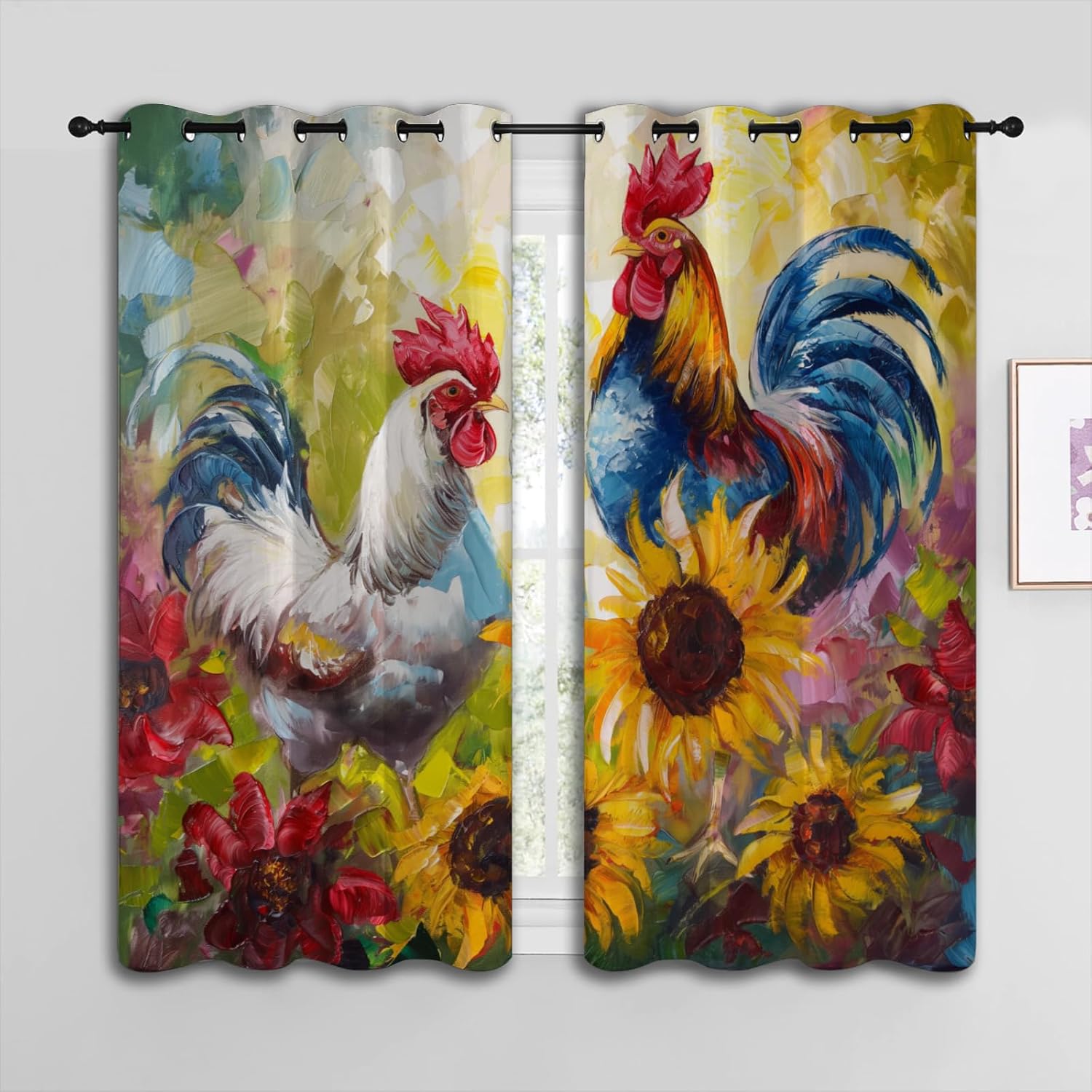 Chicken Blackout Curtains for Boys Girl Bedroom Home Decor, Farm Animals Sunflowers Colorful Floral Oil Painting Art Thermal Insulated Grommet Darkening Living Room Window Drapes, 42 x 63 inch