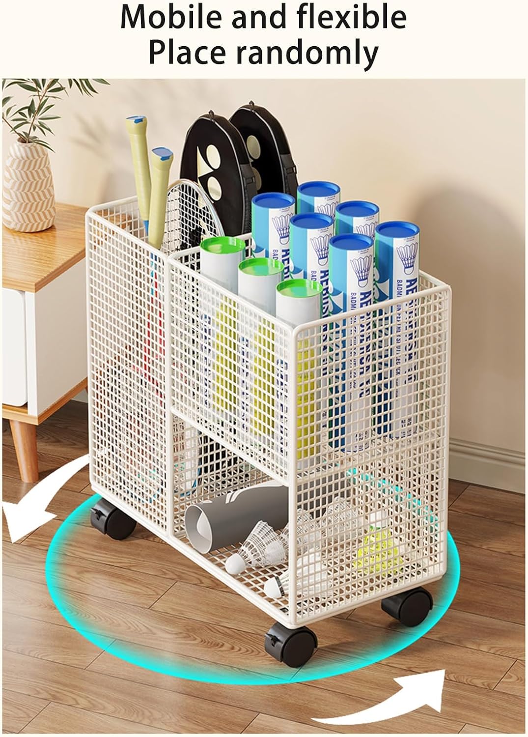 Sports Badminton Racket Holder Cart with Wheels Holds 4-6 Rackets Badminton Racket Storage Rack Tennis Racket Display Stand School Playground Tennis Training Equipment Storage Rack