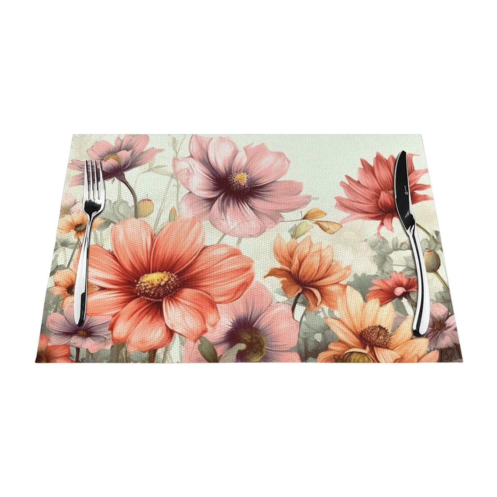 Set de table de cuisine et salle à manger décoratif lavable 4 pièces fleurs