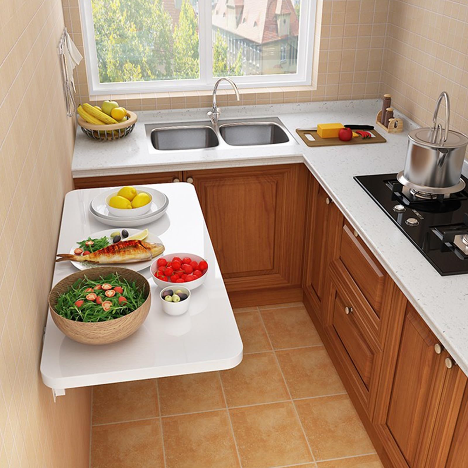 Table murale en bois stable pour optimiser votre cuisine étroite