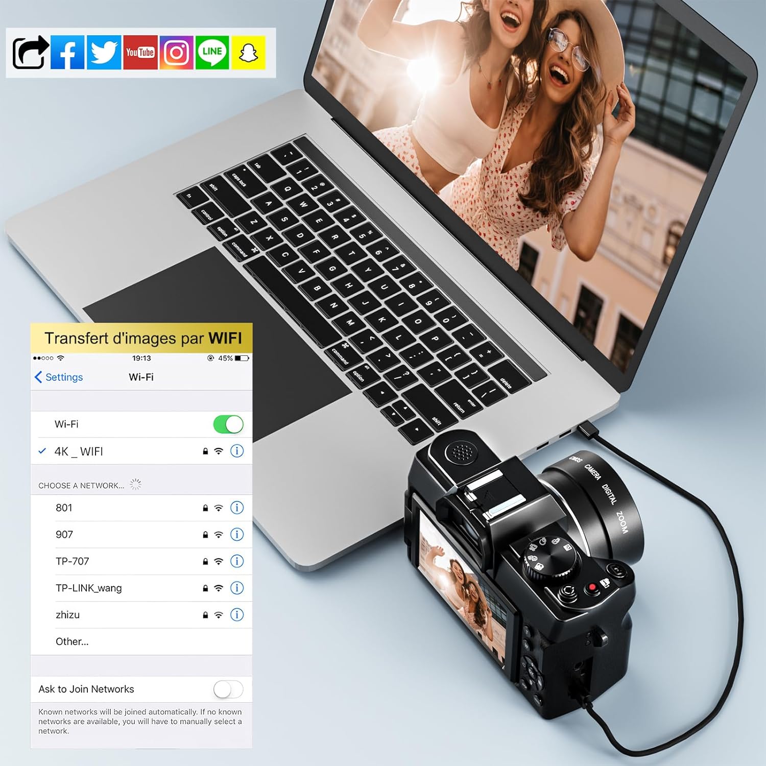NBD Digital Camera displaying Wi-Fi transfer options on its screen, connected to a laptop