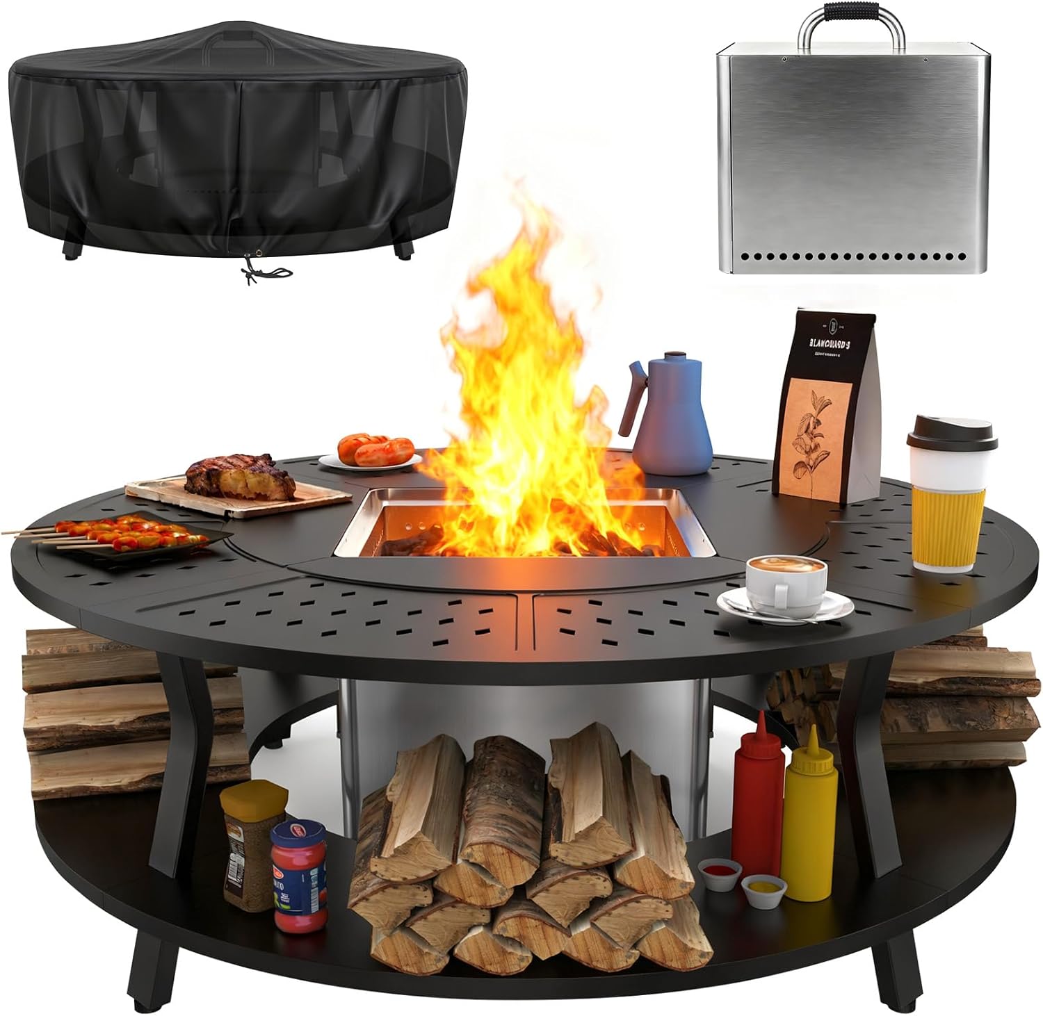 Uniflasy 48" Fire Pit Surround Tabletop with 17" Smokeless Fire Pit, Portable Protective Barrier Equal Width, Safety & Extra Space, Outdoor Tabletop & Smokeless Firepit for Backyard, Camping & Party