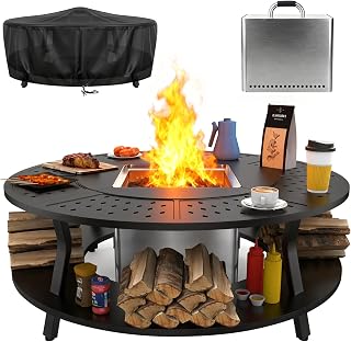 Uniflasy 48" Fire Pit Surround Tabletop with 17" Smokeless Fire Pit, Portable Protective Barrier Equal Width, Safety & Extra Space, Outdoor Tabletop & Smokeless Firepit for Backyard, Camping & Party