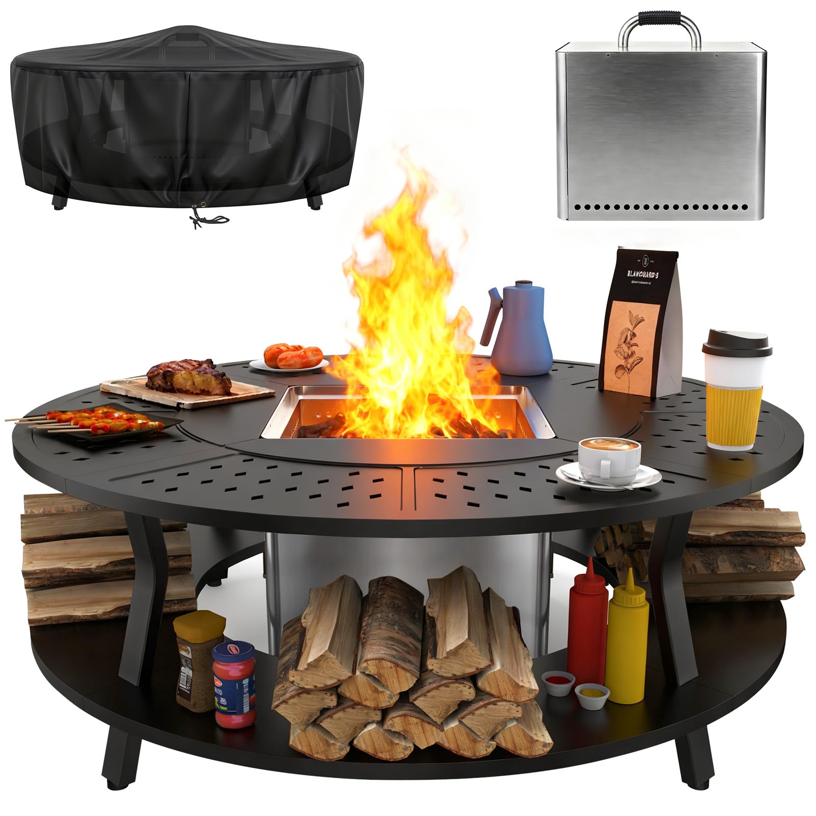 Uniflasy 48" Fire Pit Surround Tabletop with 17" Smokeless Fire Pit, Portable Protective Barrier Equal Width, Safety & Extra Space, Outdoor Tabletop & Smokeless Firepit for Backyard, Camping & Party