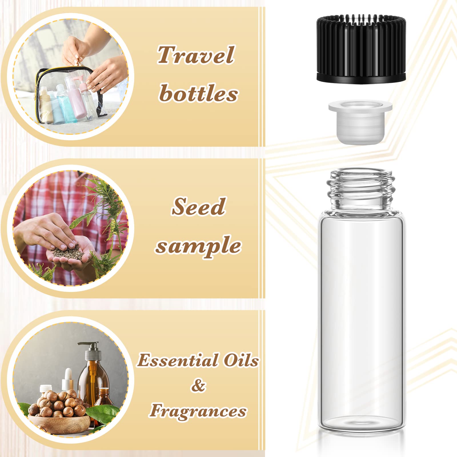 Lallisa 200 botellas de aceite de unción pequeñas de vidrio vacías transparentes con tapas de rosca y tapones de plástico, botellas de aceite esencial de viaje recargables para aceites esenciales,