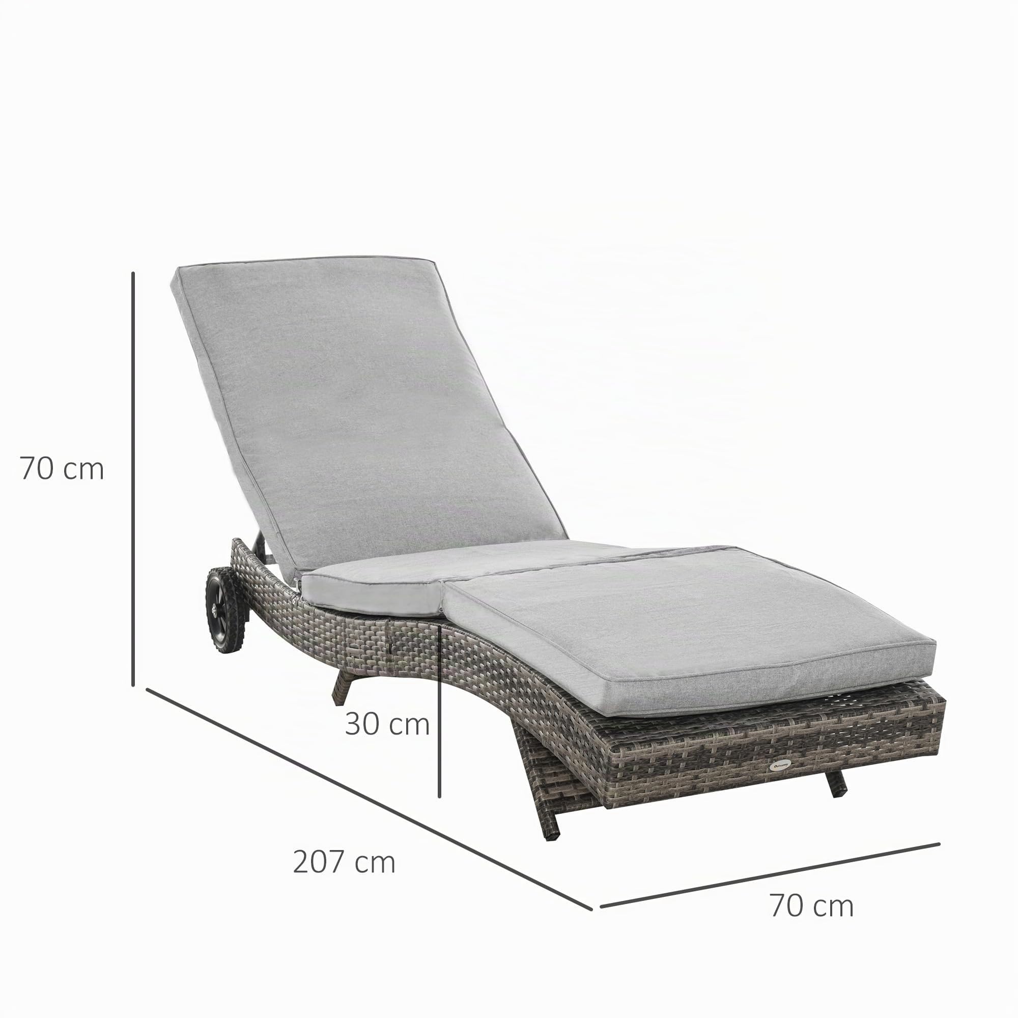 Outsunny Polyrattan Sonnenliege Gartenliege Verstellbar Grau 207x70x70 cm
